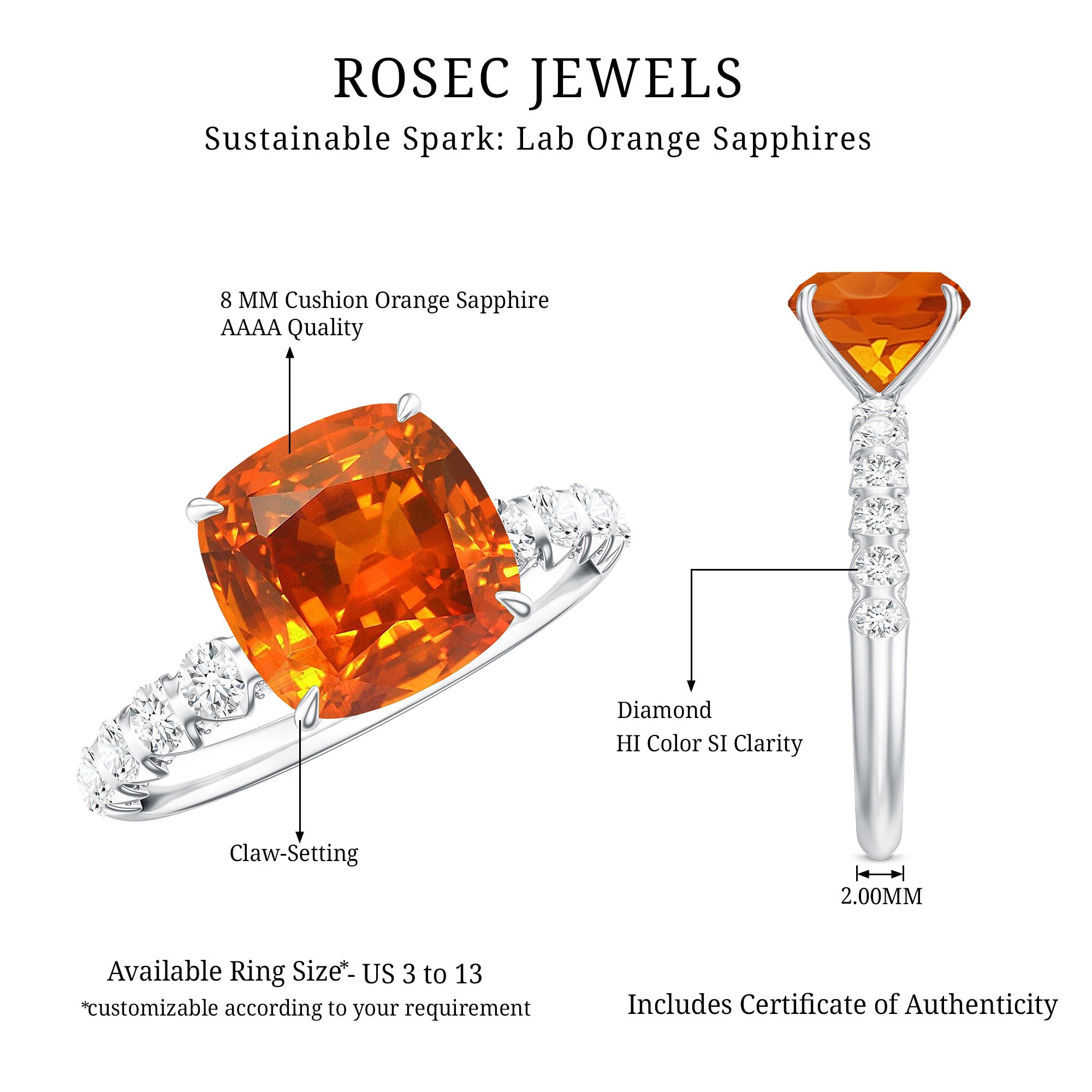 2.75 Carat Lab Grown Orange Sapphire Cushion Cut Engagement Ring with Diamond AAAA - Rosec Jewels