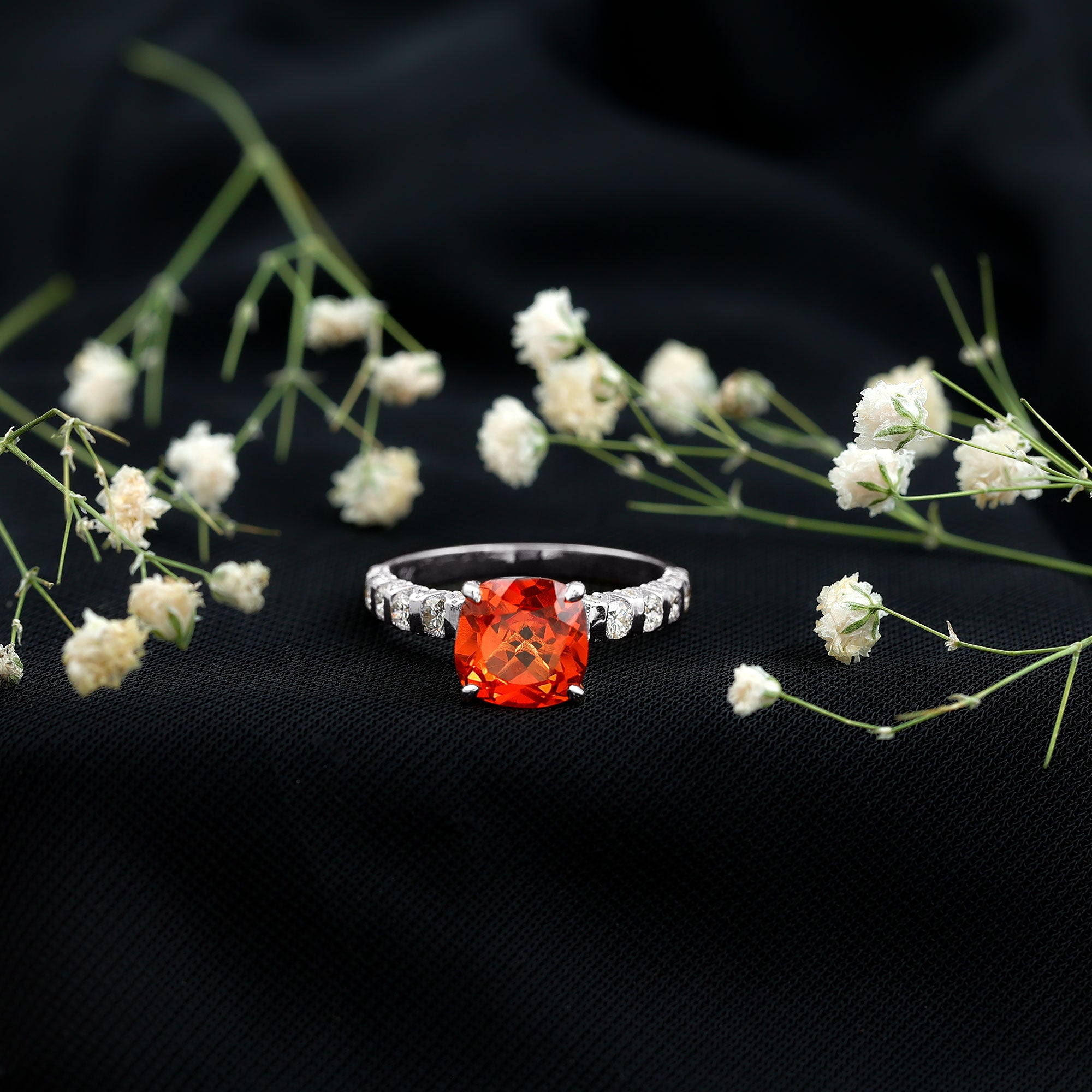 2.75 Carat Lab Grown Orange Sapphire Cushion Cut Engagement Ring with Diamond AAAA - Rosec Jewels