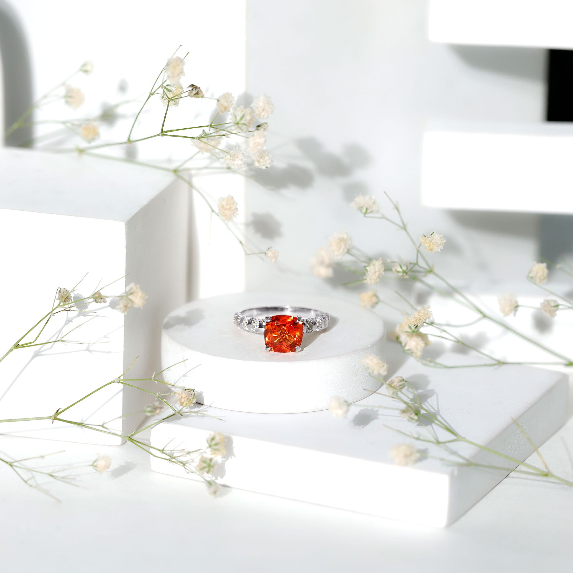 2.75 Carat Lab Grown Orange Sapphire Cushion Cut Engagement Ring with Diamond AAAA - Rosec Jewels