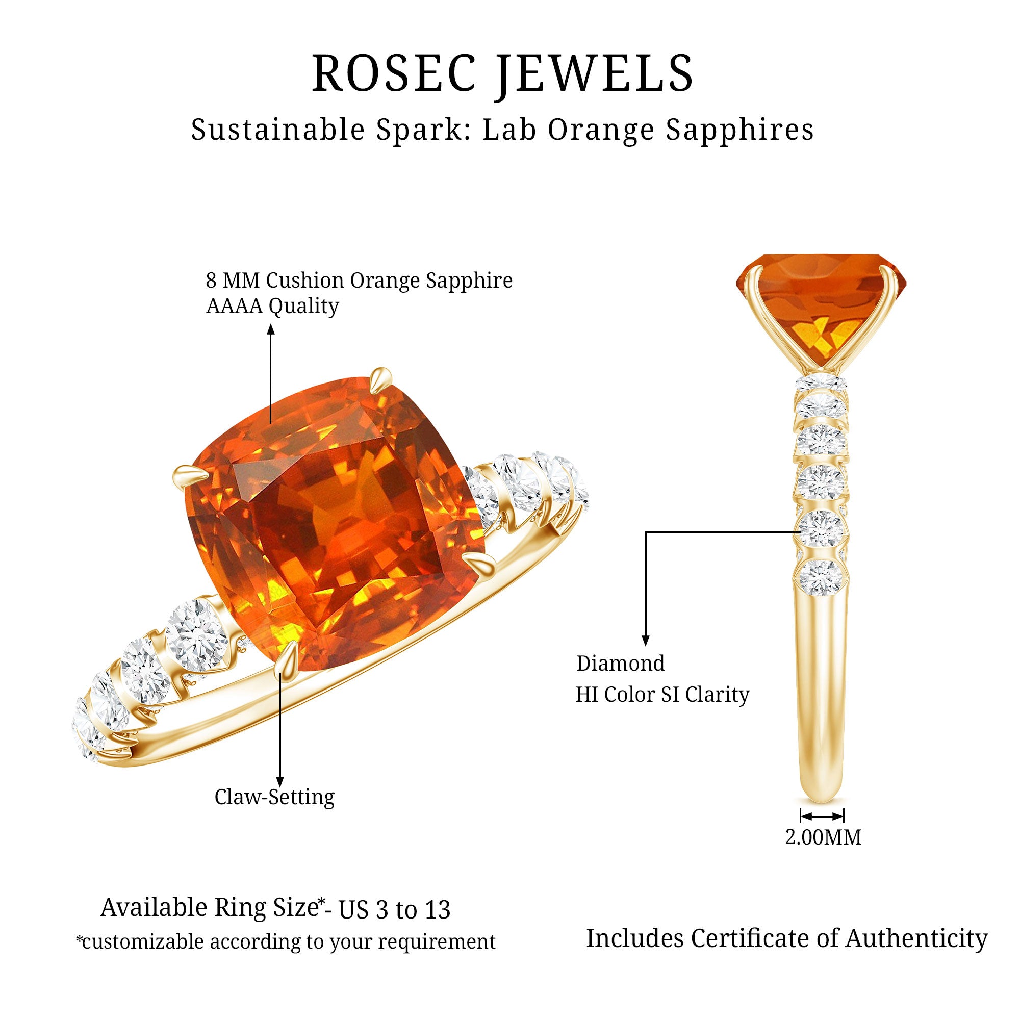 2.75 Carat Lab Grown Orange Sapphire Cushion Cut Engagement Ring with Diamond AAAA - Rosec Jewels