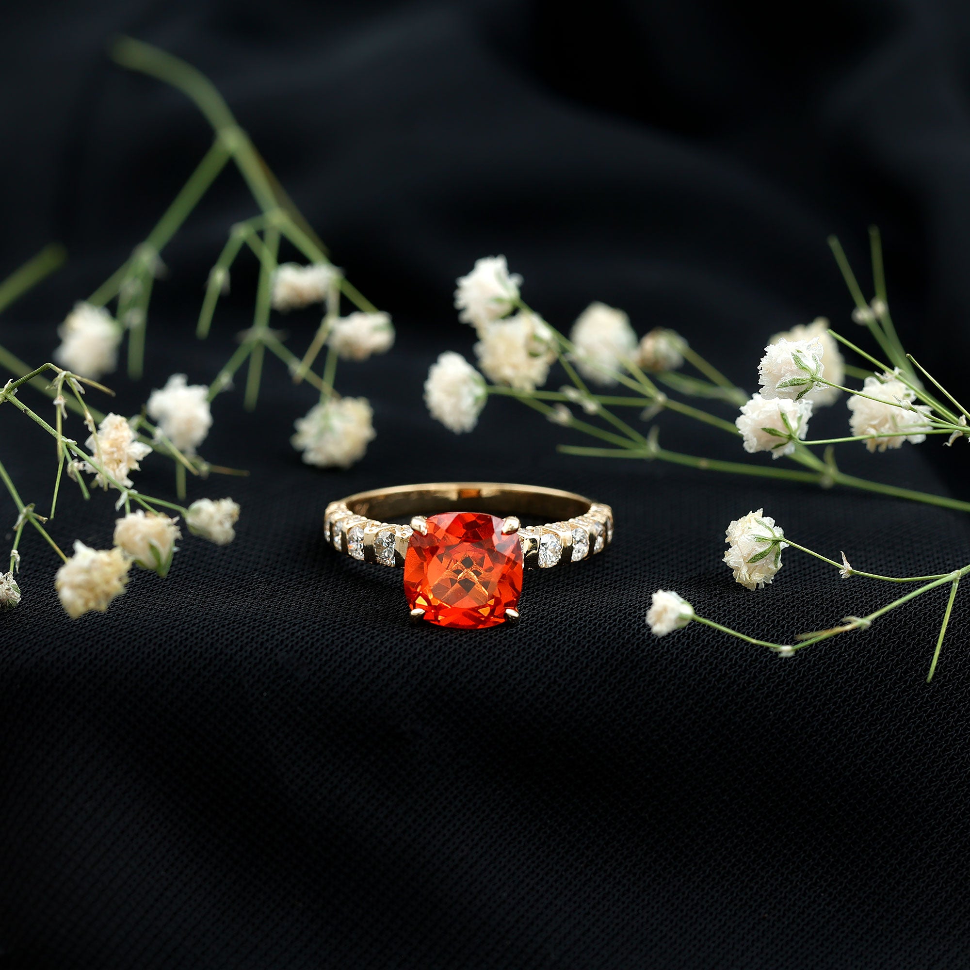 2.75 Carat Lab Grown Orange Sapphire Cushion Cut Engagement Ring with Diamond AAAA - Rosec Jewels