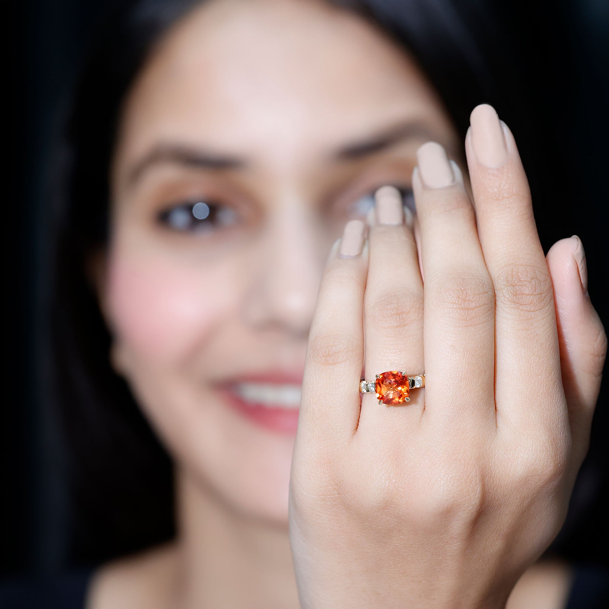 2.75 Carat Lab Grown Orange Sapphire Cushion Cut Engagement Ring with Diamond AAAA - Rosec Jewels