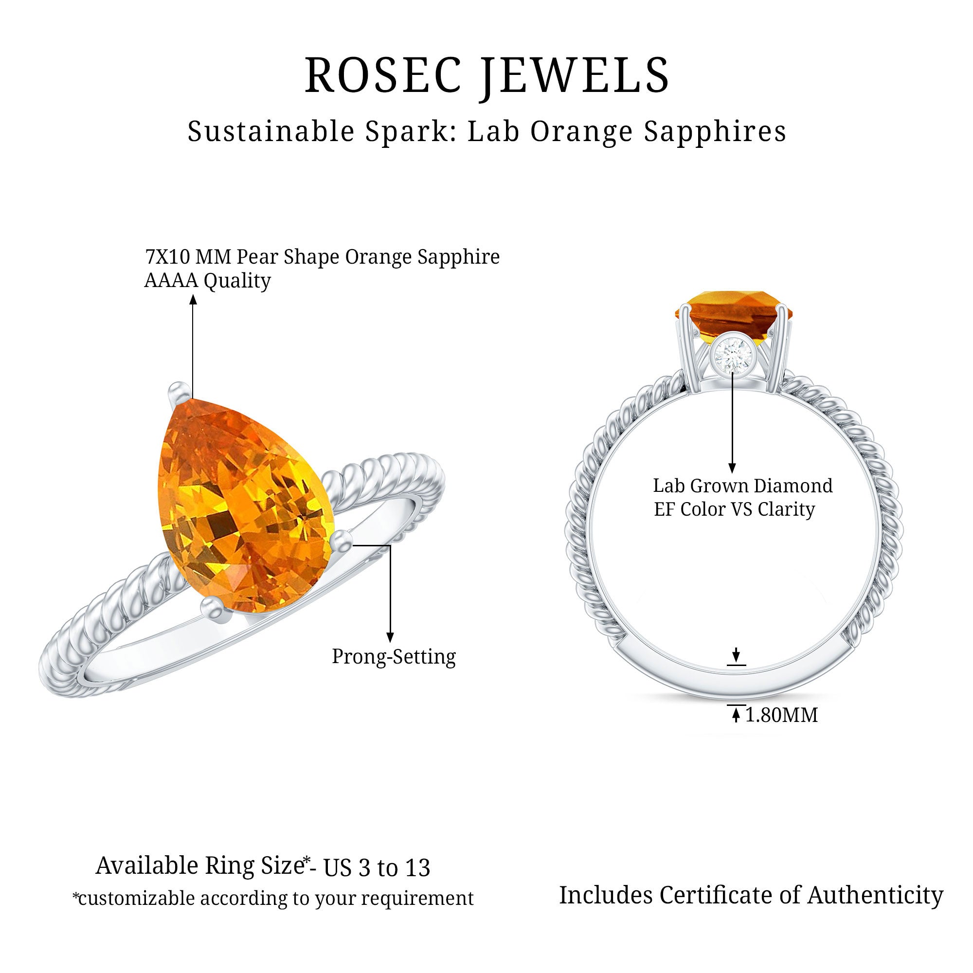 2.5 Carat Lab Grown Orange Sapphire Pear Shaped Engagement Ring with Twisted Rope AAAA - Rosec Jewels