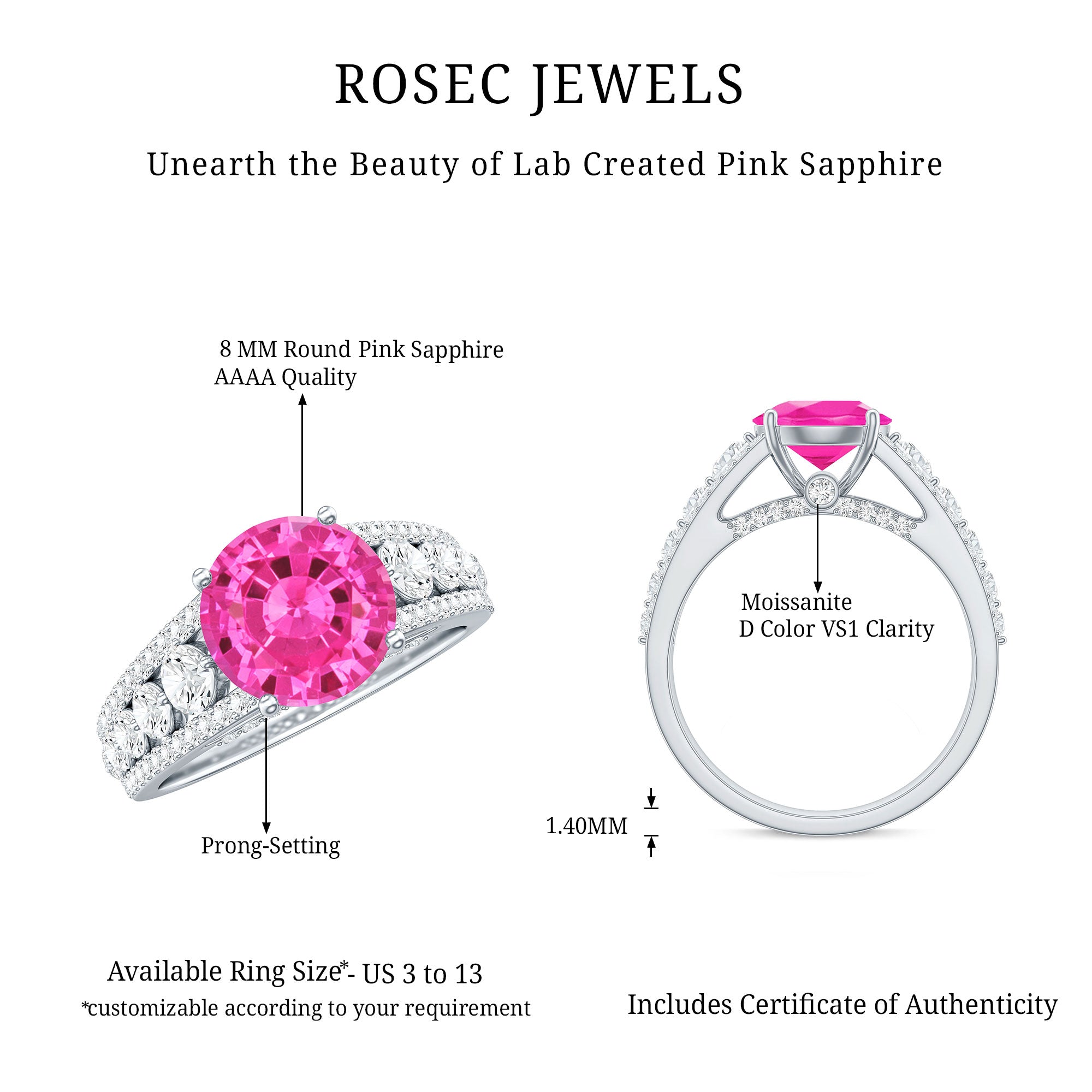 Created Pink Sapphire Engagement Ring with Moissanite Side Stones AAAA - Rosec Jewels