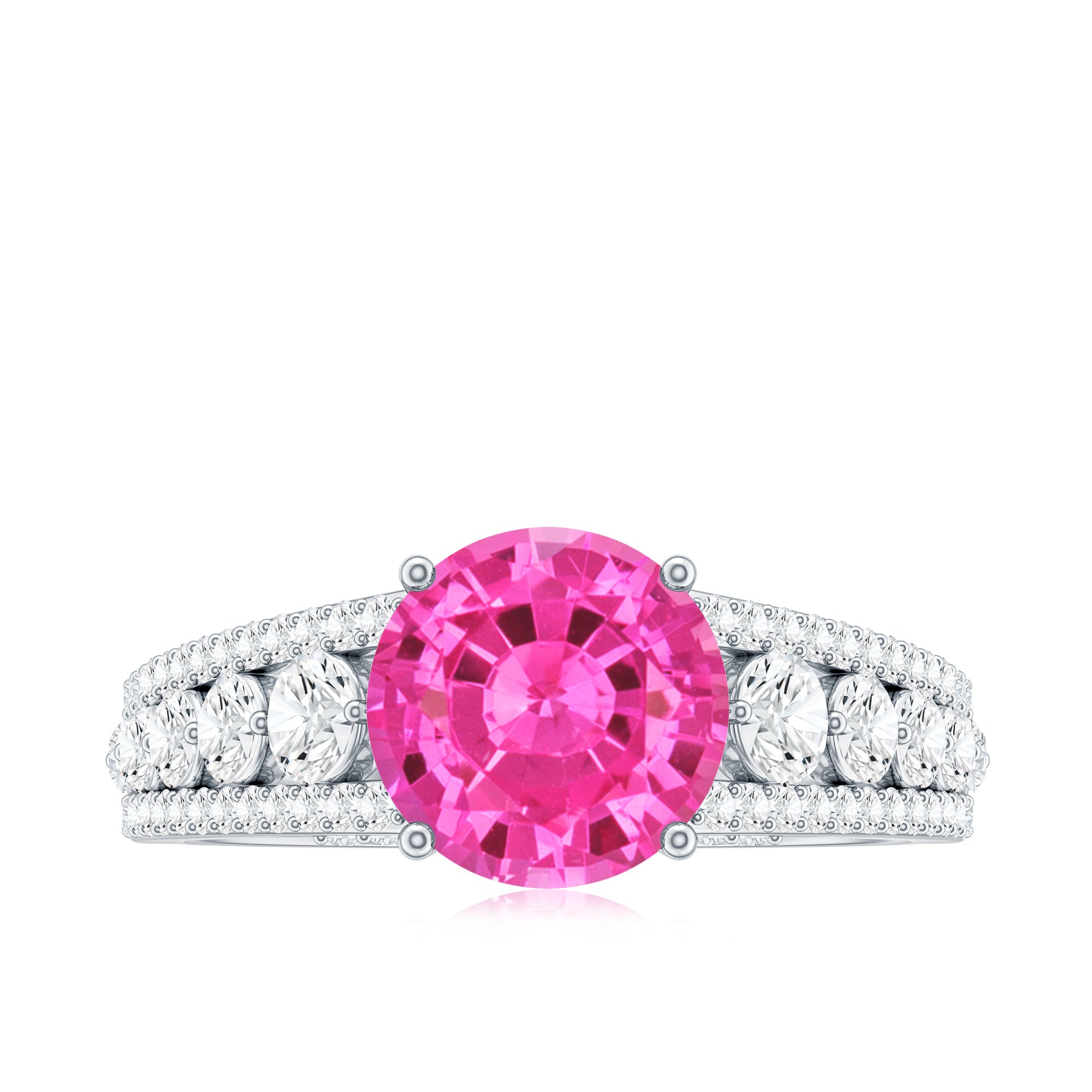 Created Pink Sapphire Engagement Ring with Moissanite Side Stones AAAA - Rosec Jewels