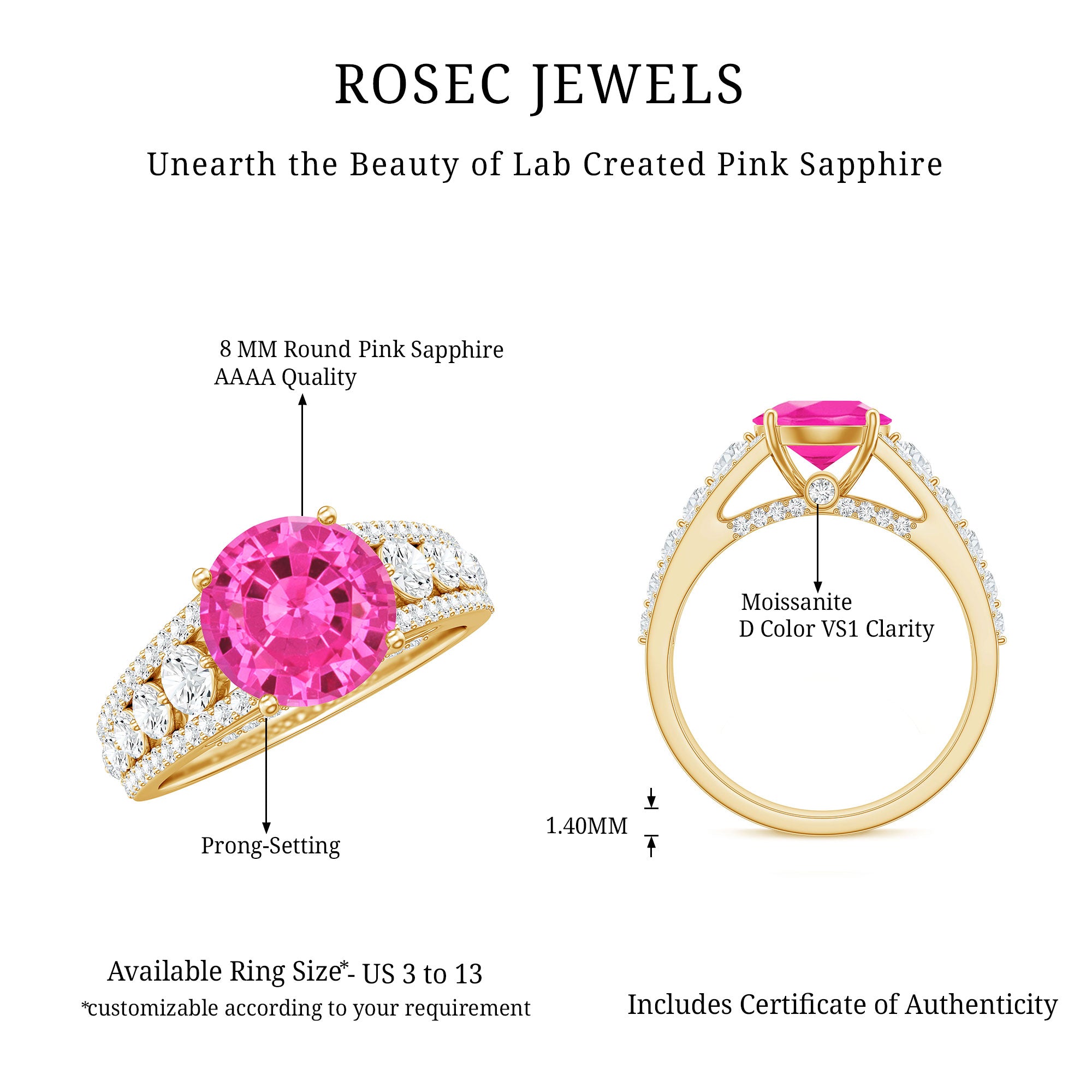 Created Pink Sapphire Engagement Ring with Moissanite Side Stones AAAA - Rosec Jewels