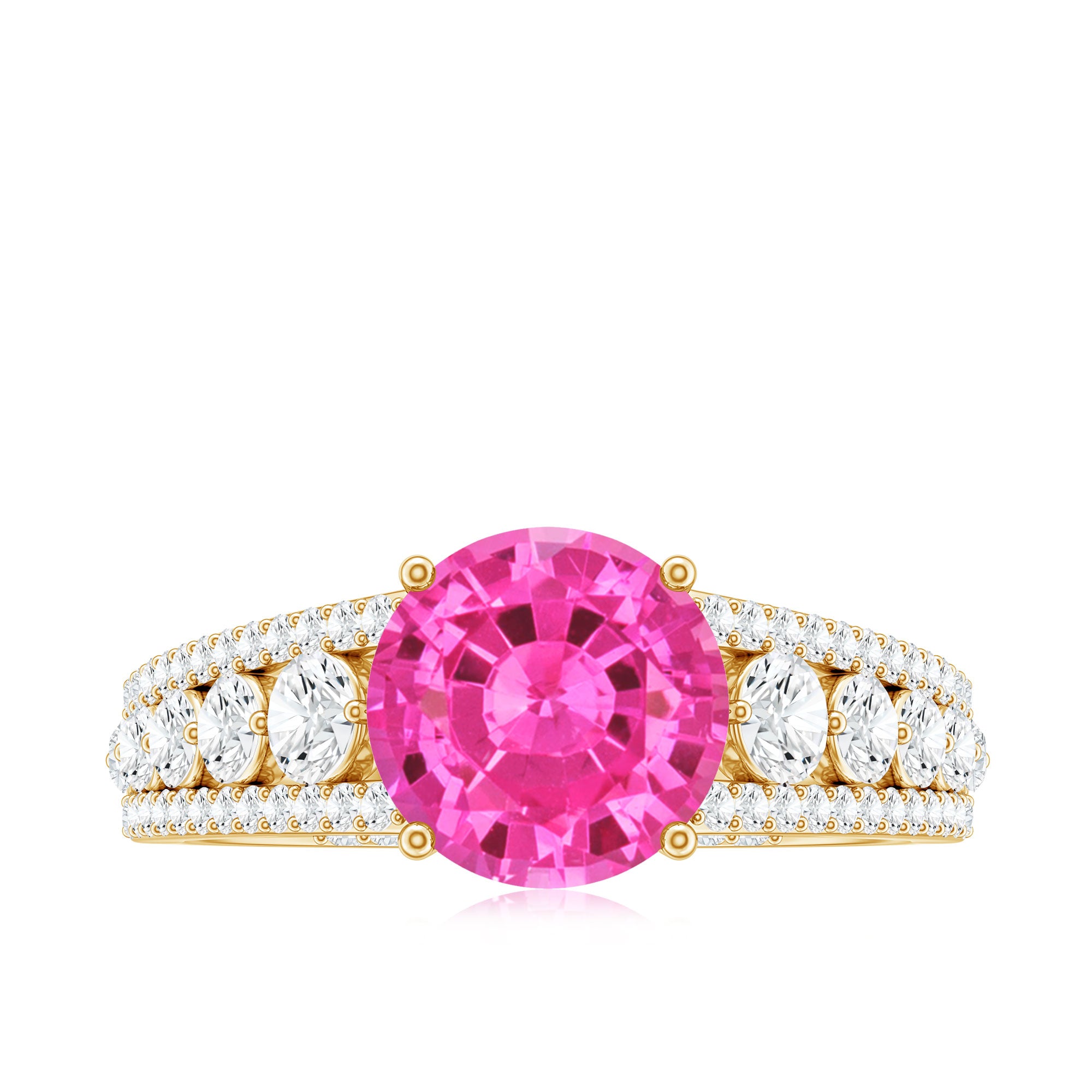 Created Pink Sapphire Engagement Ring with Moissanite Side Stones AAAA - Rosec Jewels
