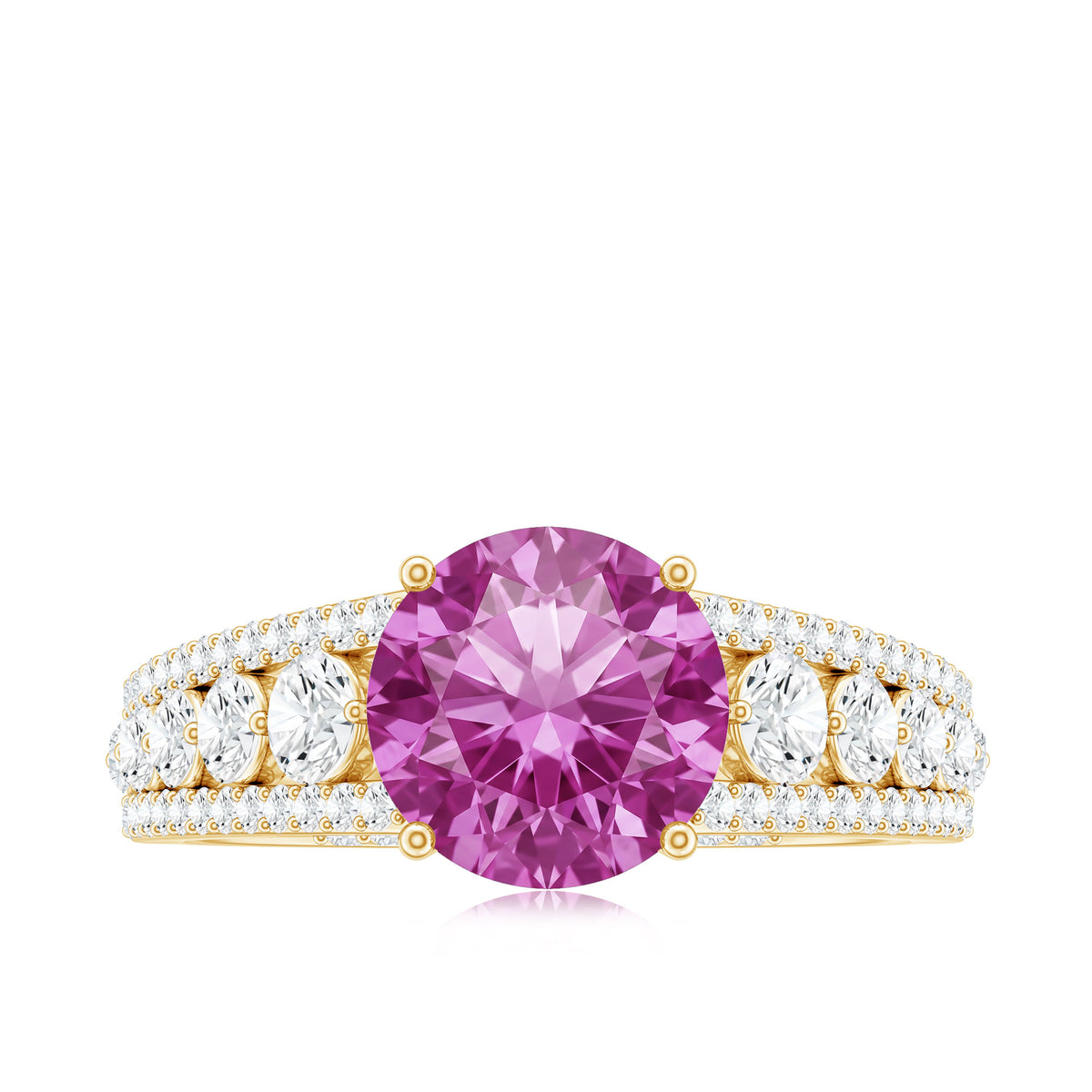 Created Pink Sapphire Engagement Ring with Moissanite Side Stones AAAA - Rosec Jewels