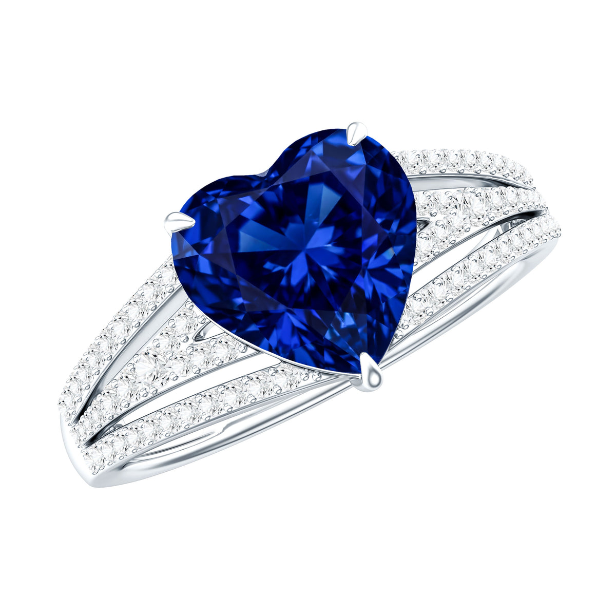 Certified 2 Carat Lab Grown Blue Sapphire Heart Engagement Ring with Diamond Split Shank AAAA - Rosec Jewels