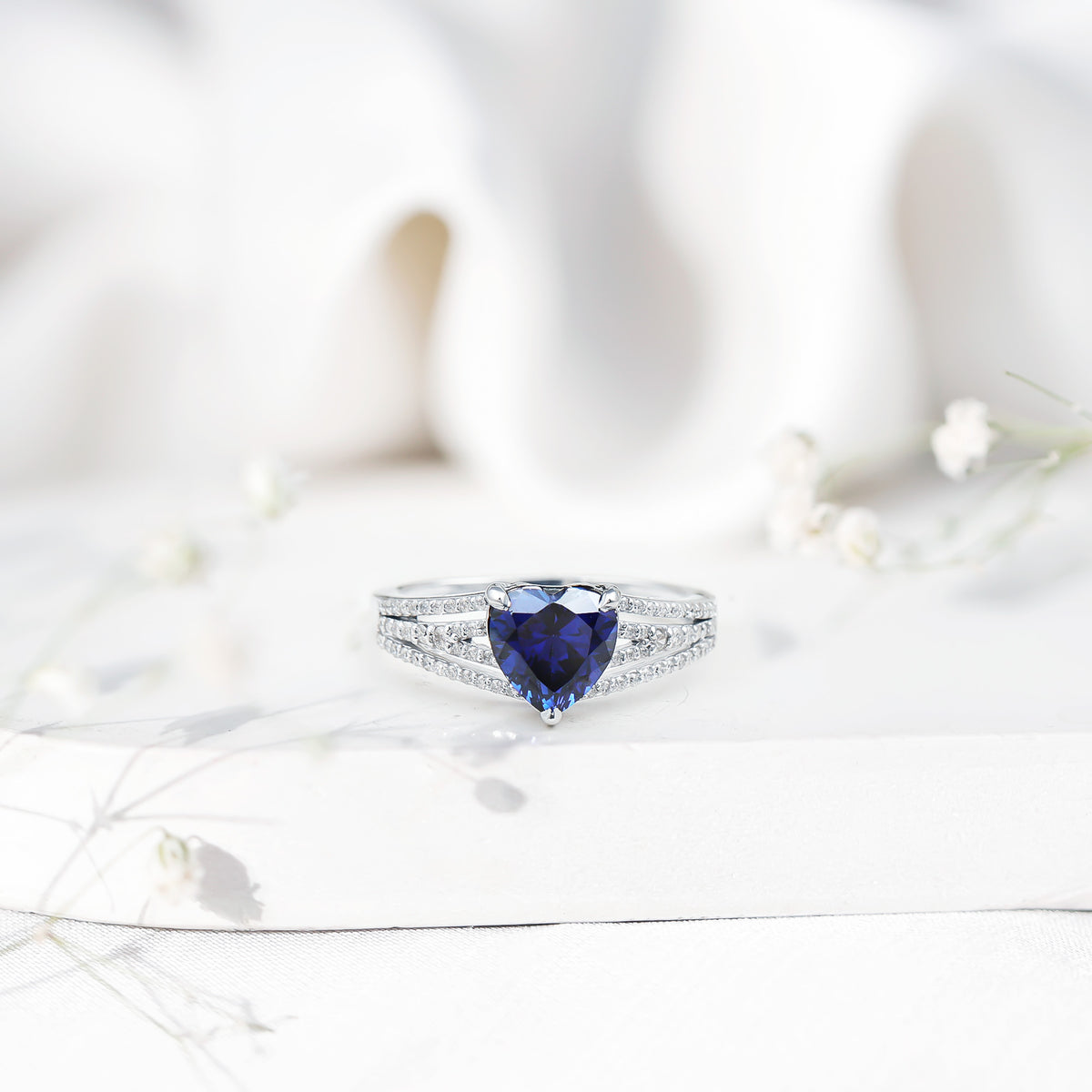 Certified 2 Carat Lab Grown Blue Sapphire Heart Engagement Ring with Diamond Split Shank AAAA - Rosec Jewels