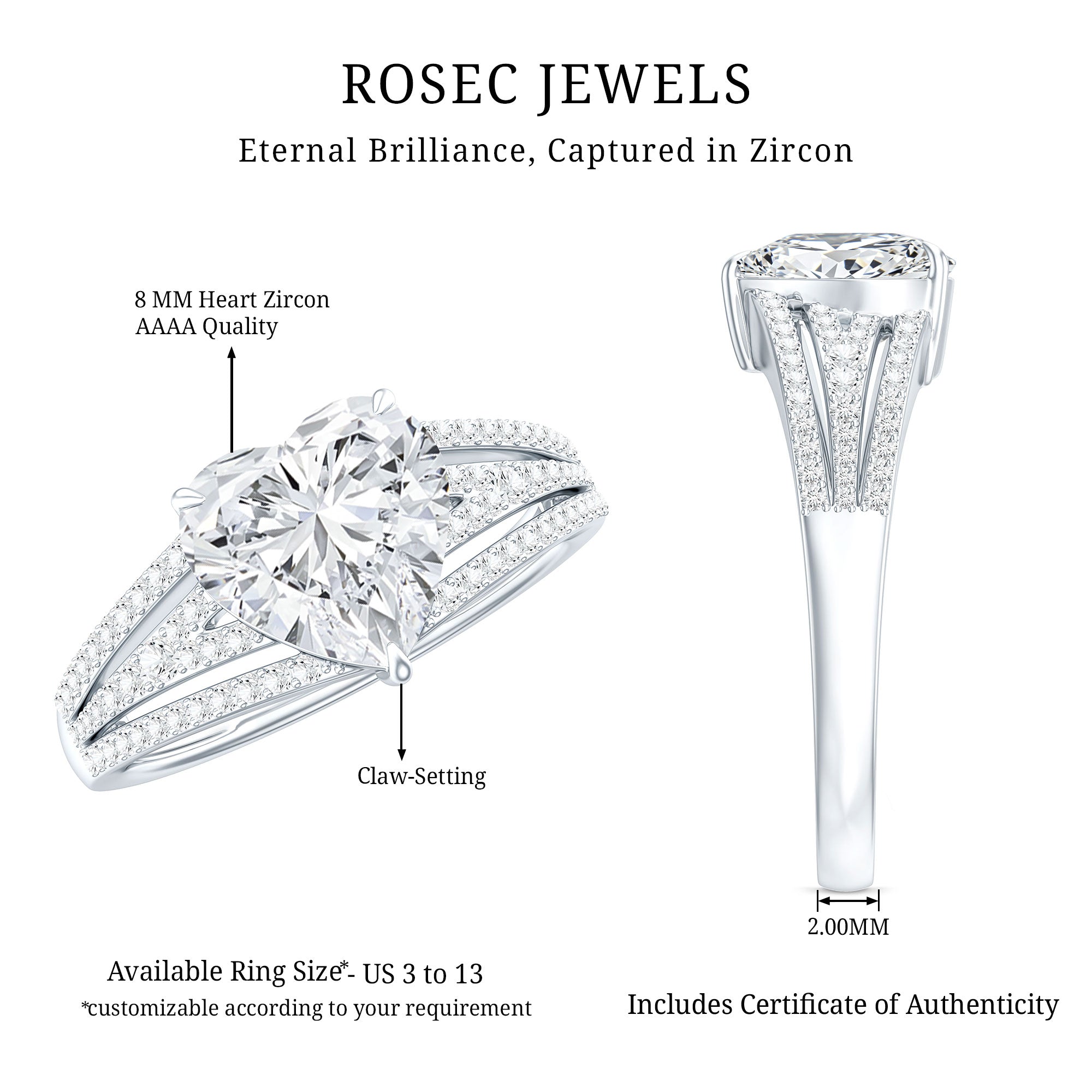 Certified Cubic Zirconia Heart Engagement Ring AAAA - Rosec Jewels