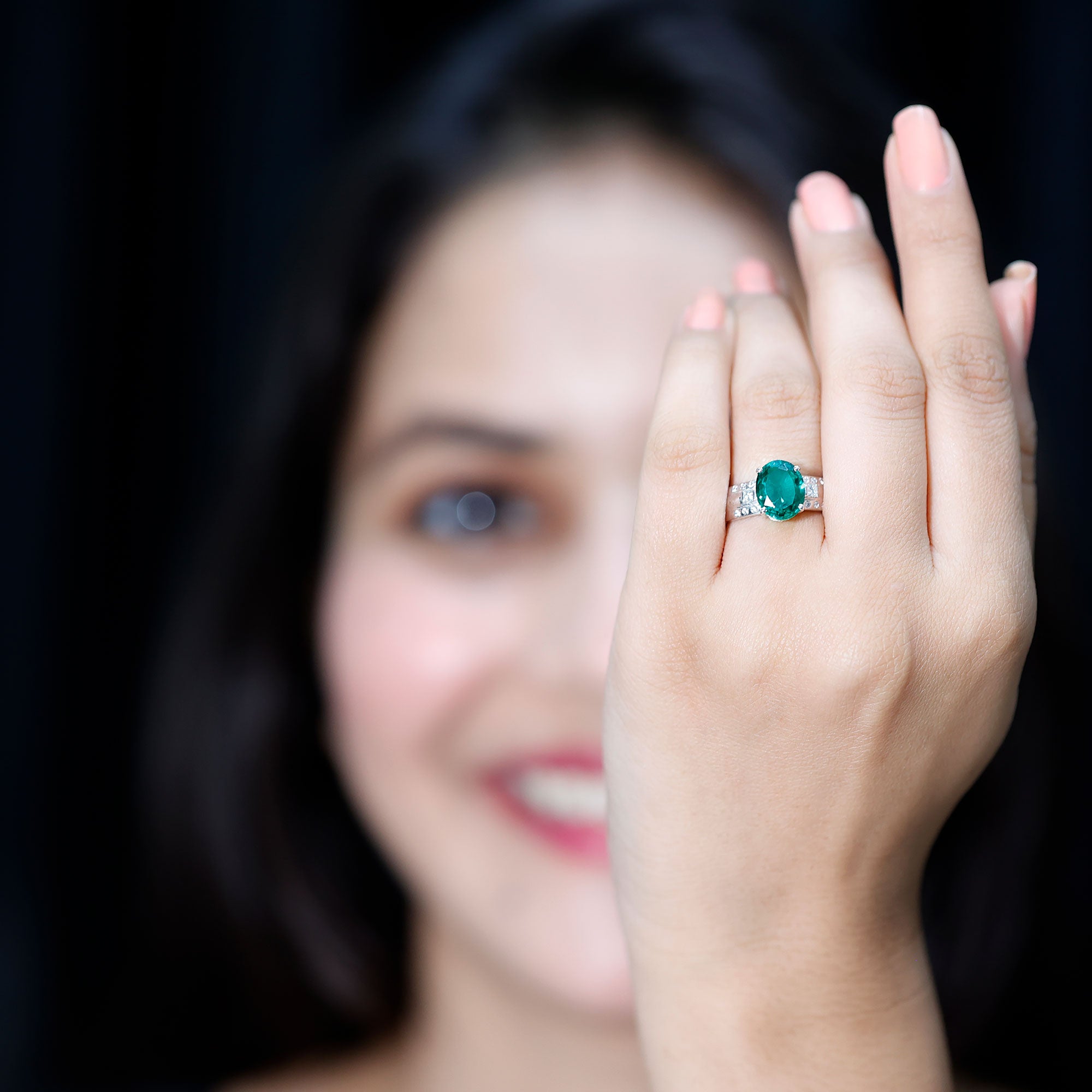 3 Carat Lab Grown Emerald Oval Engagement Ring with Diamond AAAA - Rosec Jewels