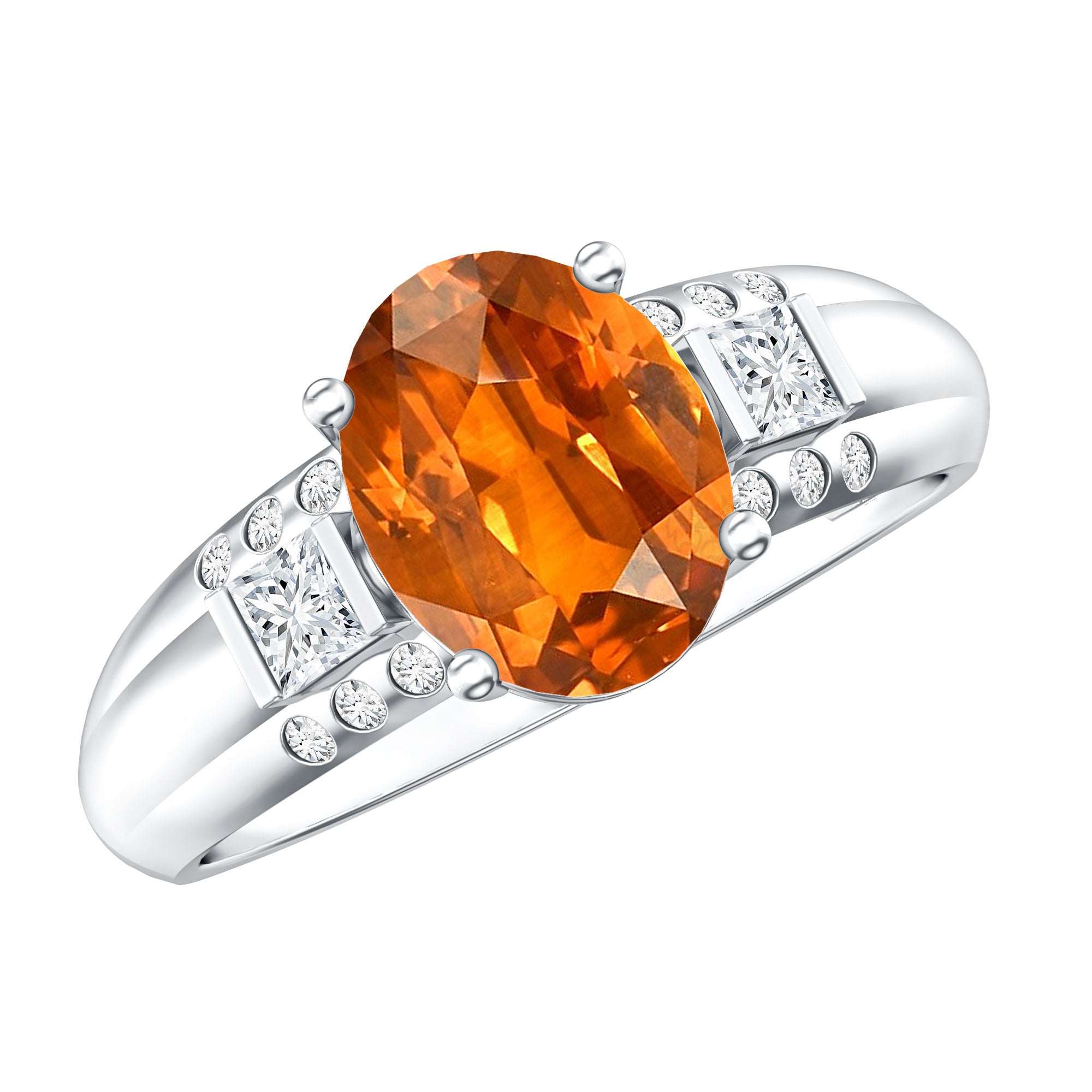 4 Carat Oval Lab Grown Orange Sapphire Statement Engagement Ring with Diamond AAAA - Rosec Jewels