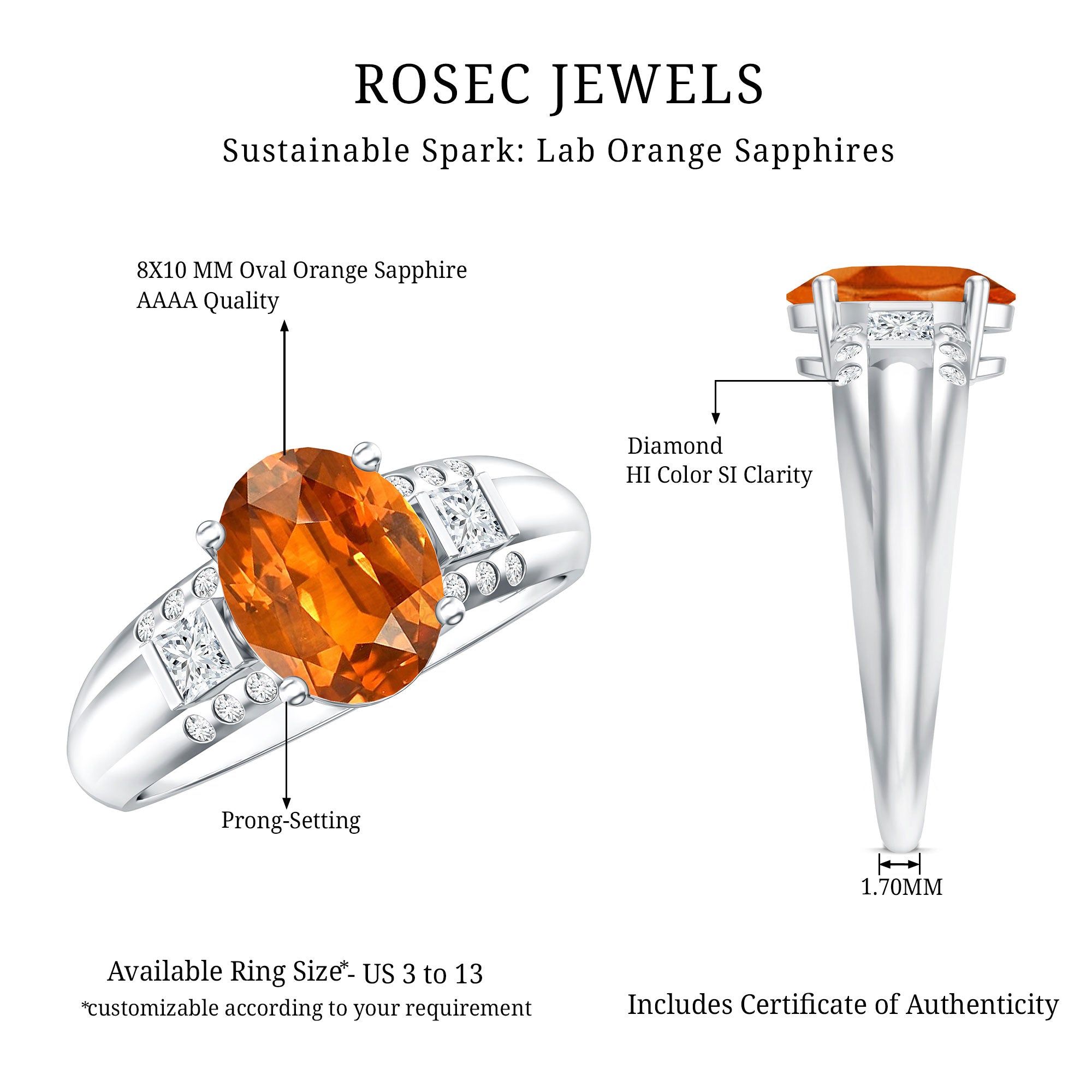 4 Carat Oval Lab Grown Orange Sapphire Statement Engagement Ring with Diamond AAAA - Rosec Jewels