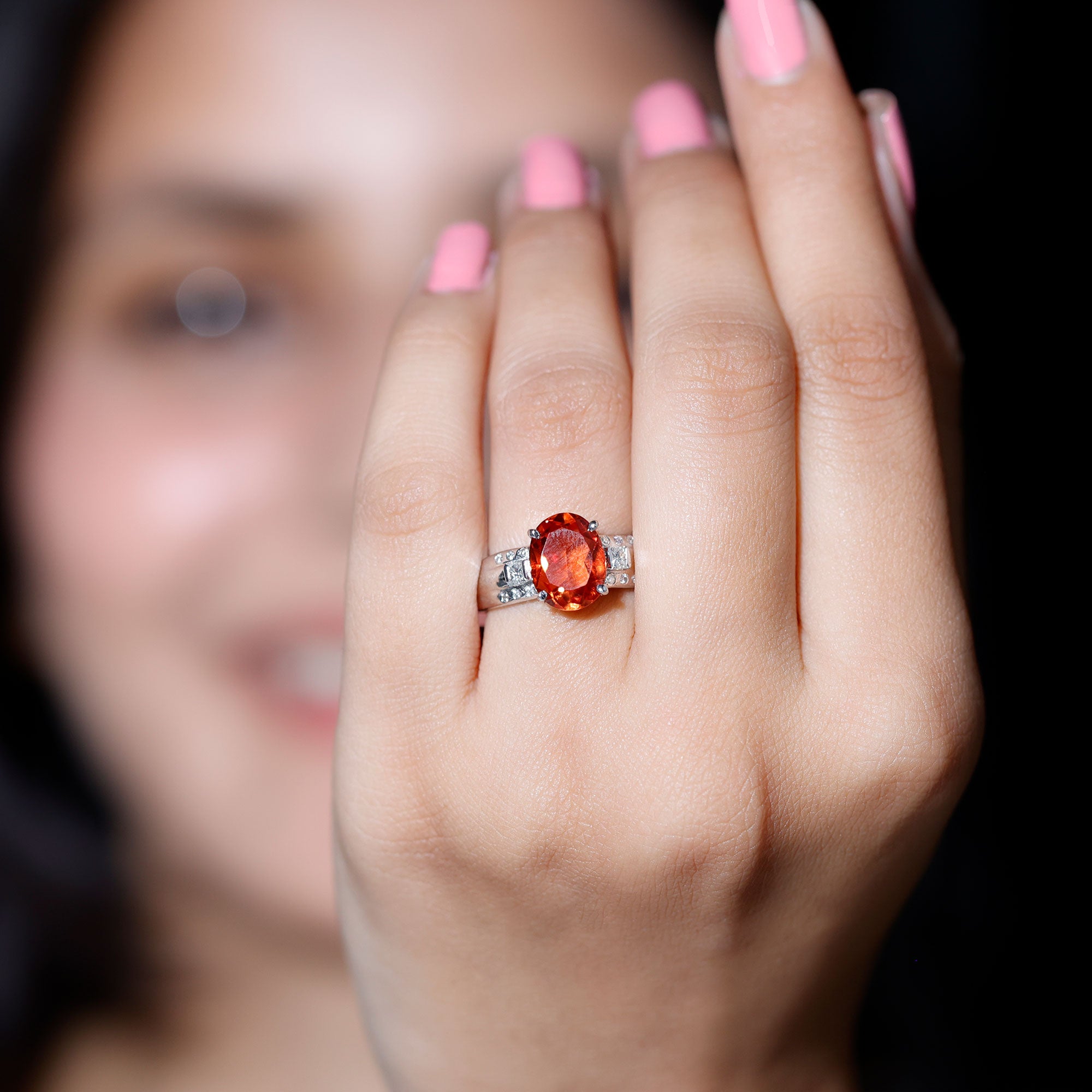 4 Carat Oval Lab Grown Orange Sapphire Statement Engagement Ring with Diamond AAAA - Rosec Jewels