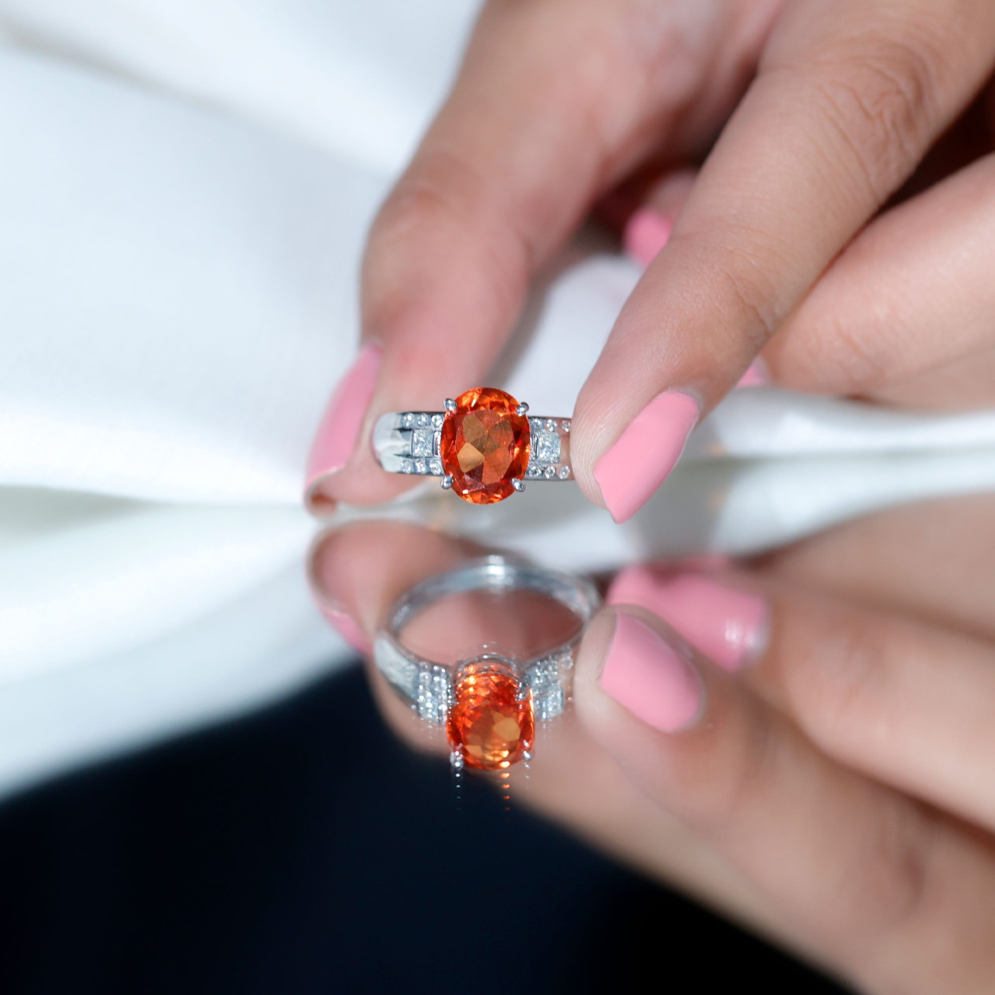 4 Carat Oval Lab Grown Orange Sapphire Statement Engagement Ring with Diamond AAAA - Rosec Jewels
