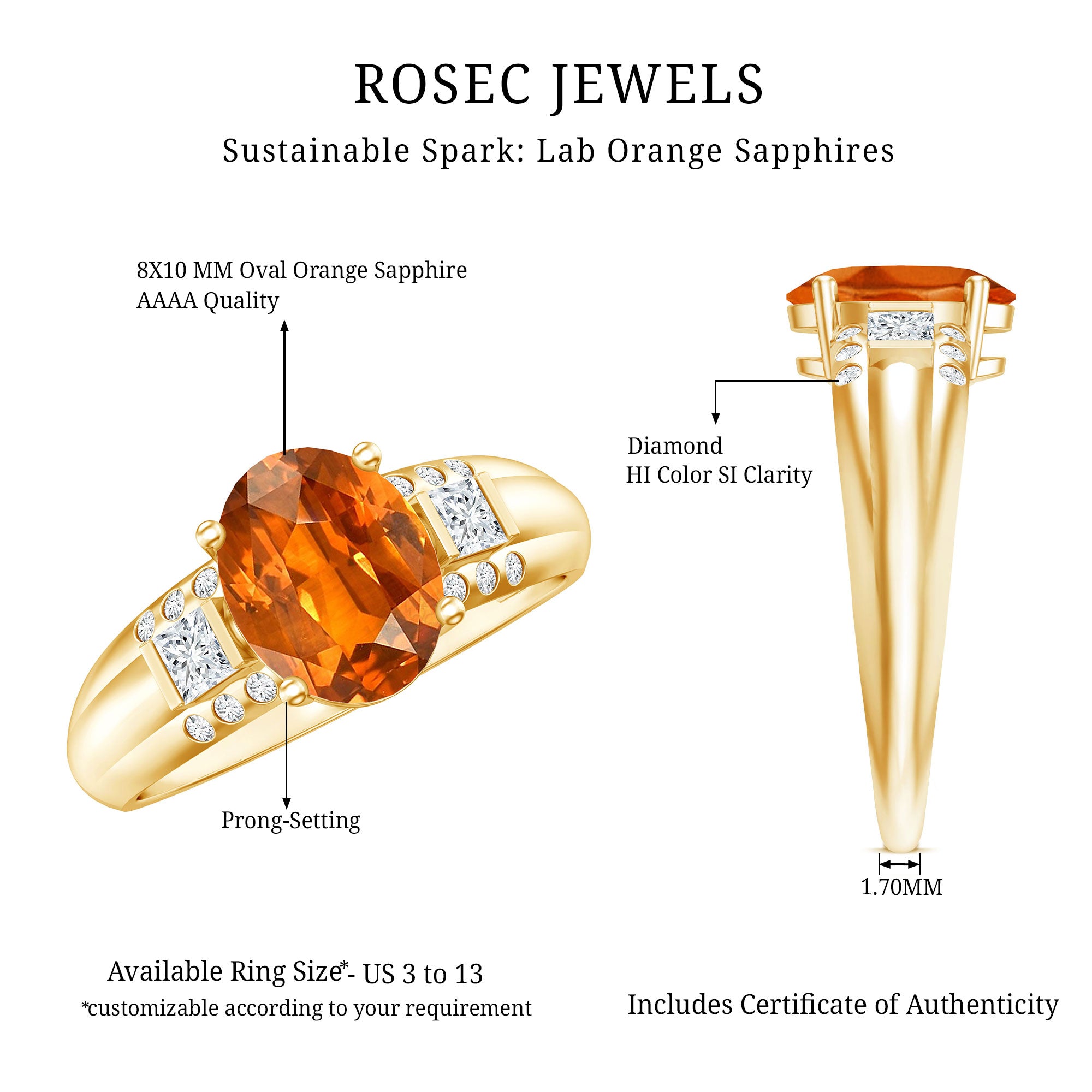 4 Carat Oval Lab Grown Orange Sapphire Statement Engagement Ring with Diamond AAAA - Rosec Jewels