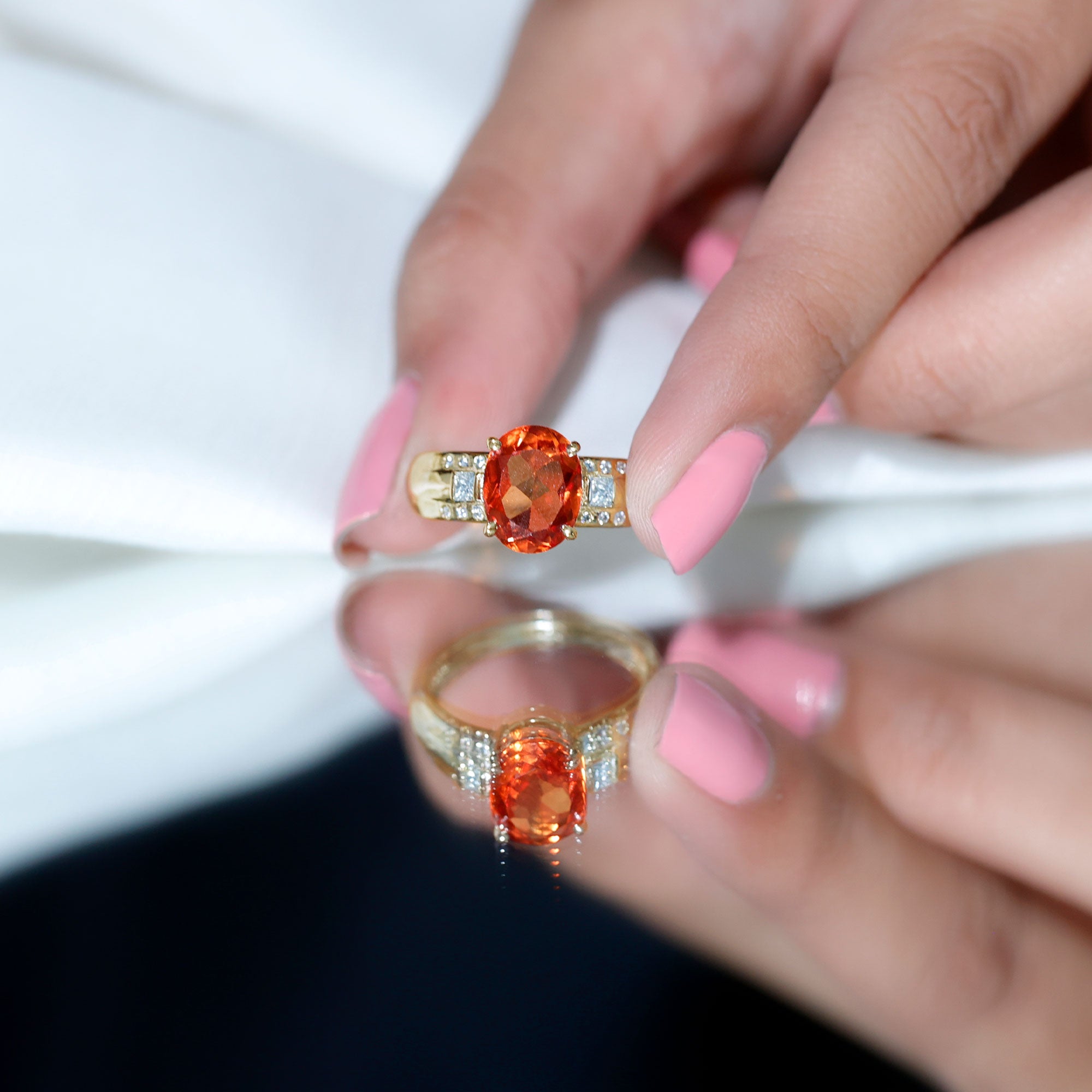 4 Carat Oval Lab Grown Orange Sapphire Statement Engagement Ring with Diamond AAAA - Rosec Jewels