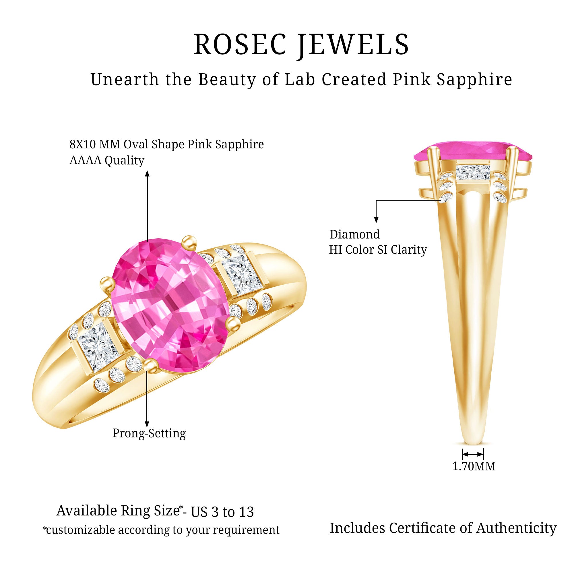 Lab Grown Pink Sapphire Oval Solitaire Engagement Ring with Diamond AAAA - Rosec Jewels
