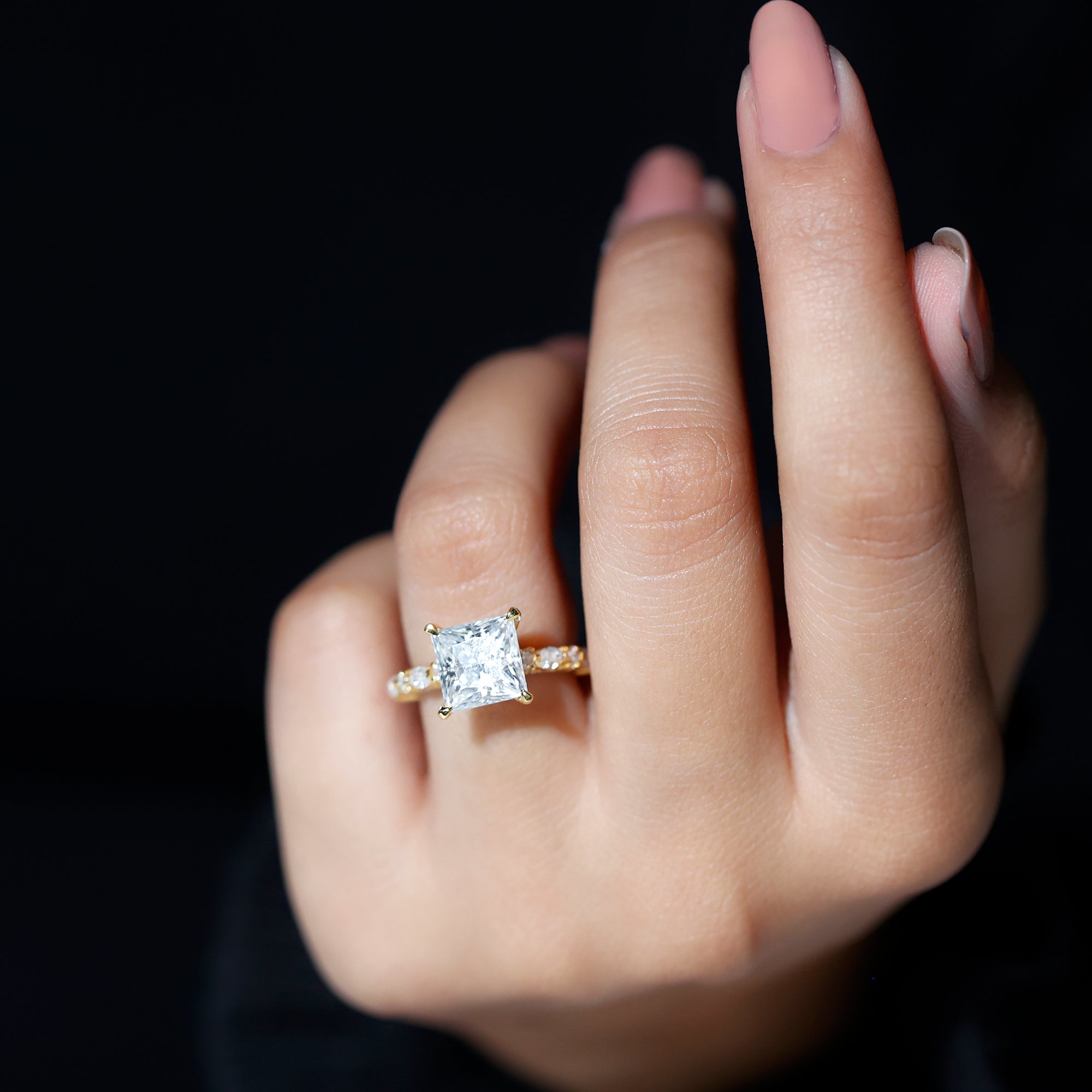 Certified Princess Cut Moissanite Engagement Ring with Side Stones D-VS1 - Rosec Jewels