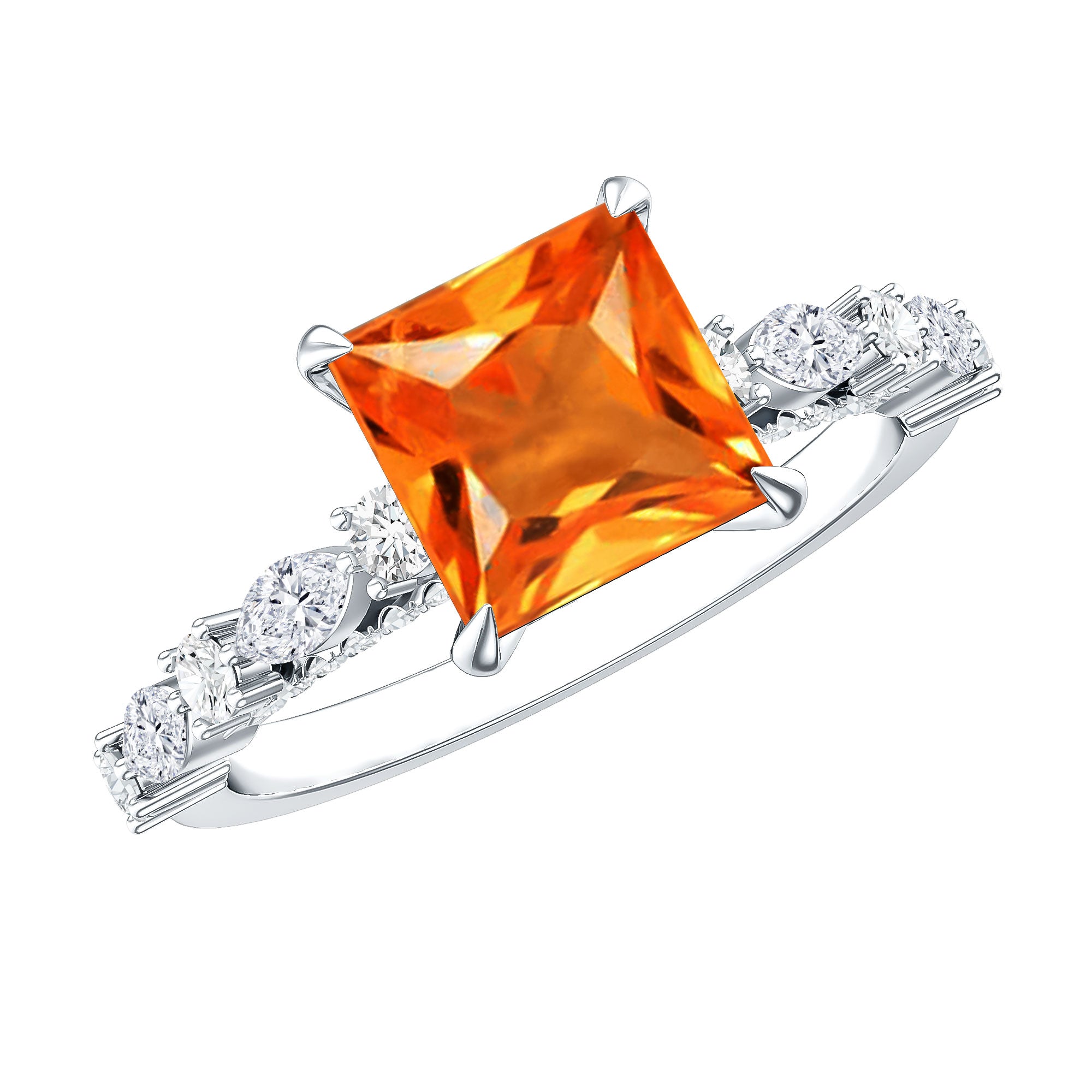 2.75 Carat Lab Grown Orange Sapphire Princess Cut Engagement Ring with Side Stones AAAA - Rosec Jewels