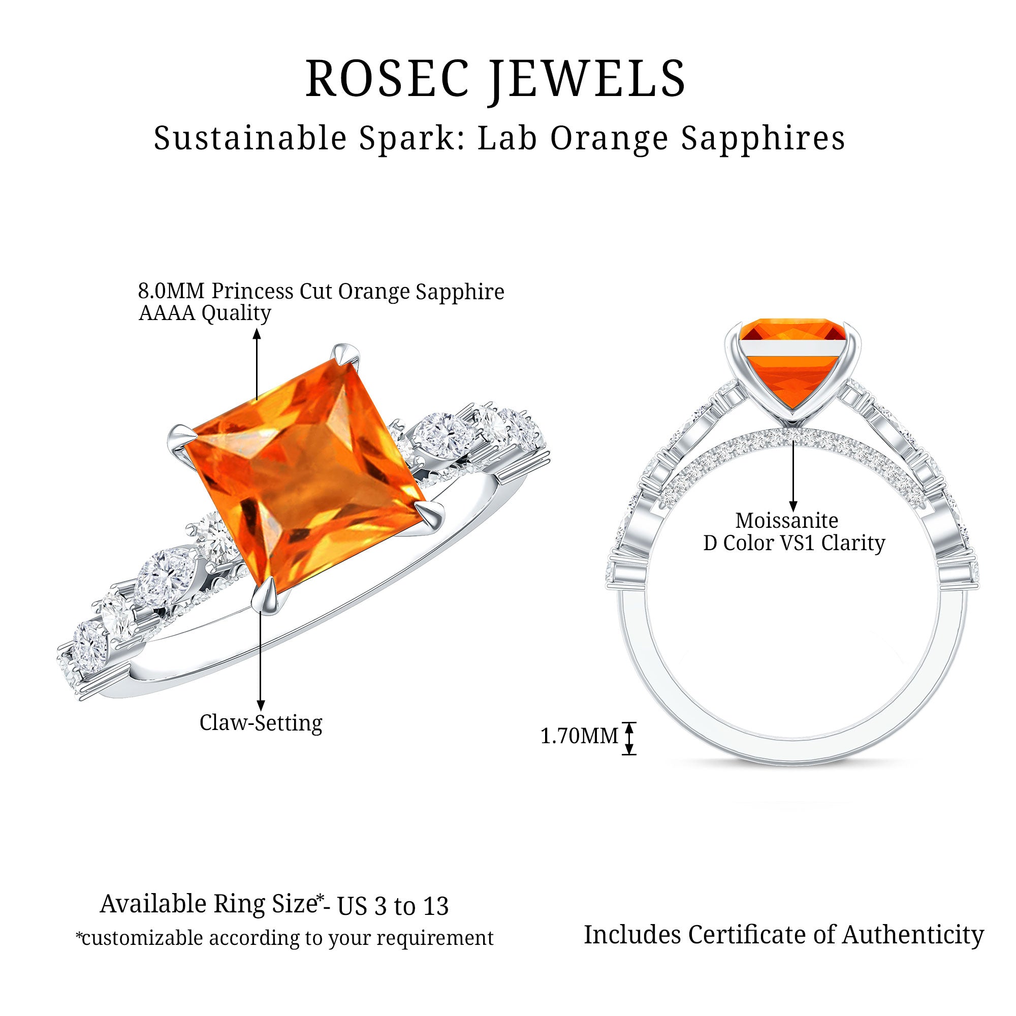 2.75 Carat Lab Grown Orange Sapphire Princess Cut Engagement Ring with Side Stones AAAA - Rosec Jewels