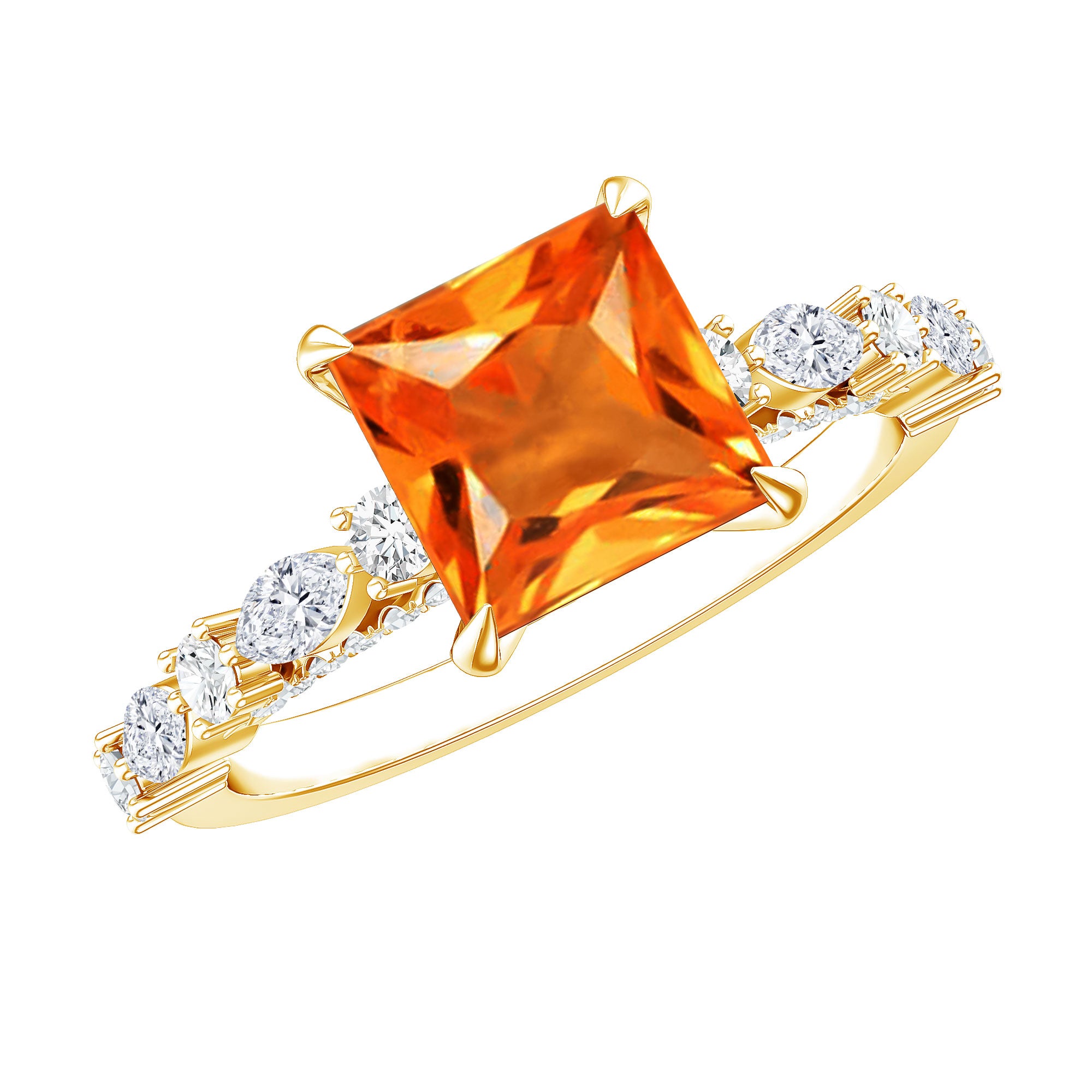 2.75 Carat Lab Grown Orange Sapphire Princess Cut Engagement Ring with Side Stones AAAA - Rosec Jewels