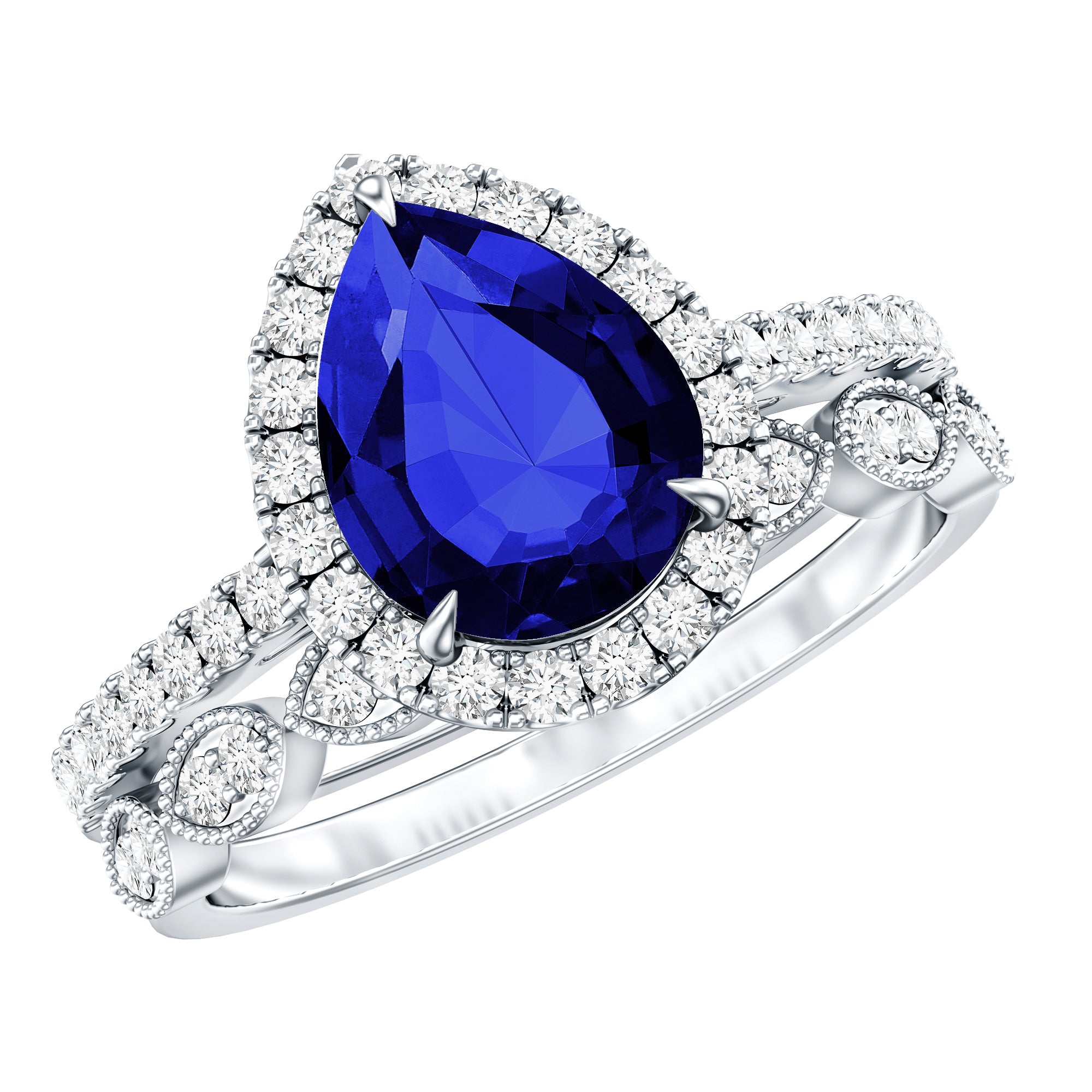 Certified 1.6 Carat Lab Grown Blue Sapphire Pear Shaped Engagement Ring Set with Diamond AAAA - Rosec Jewels