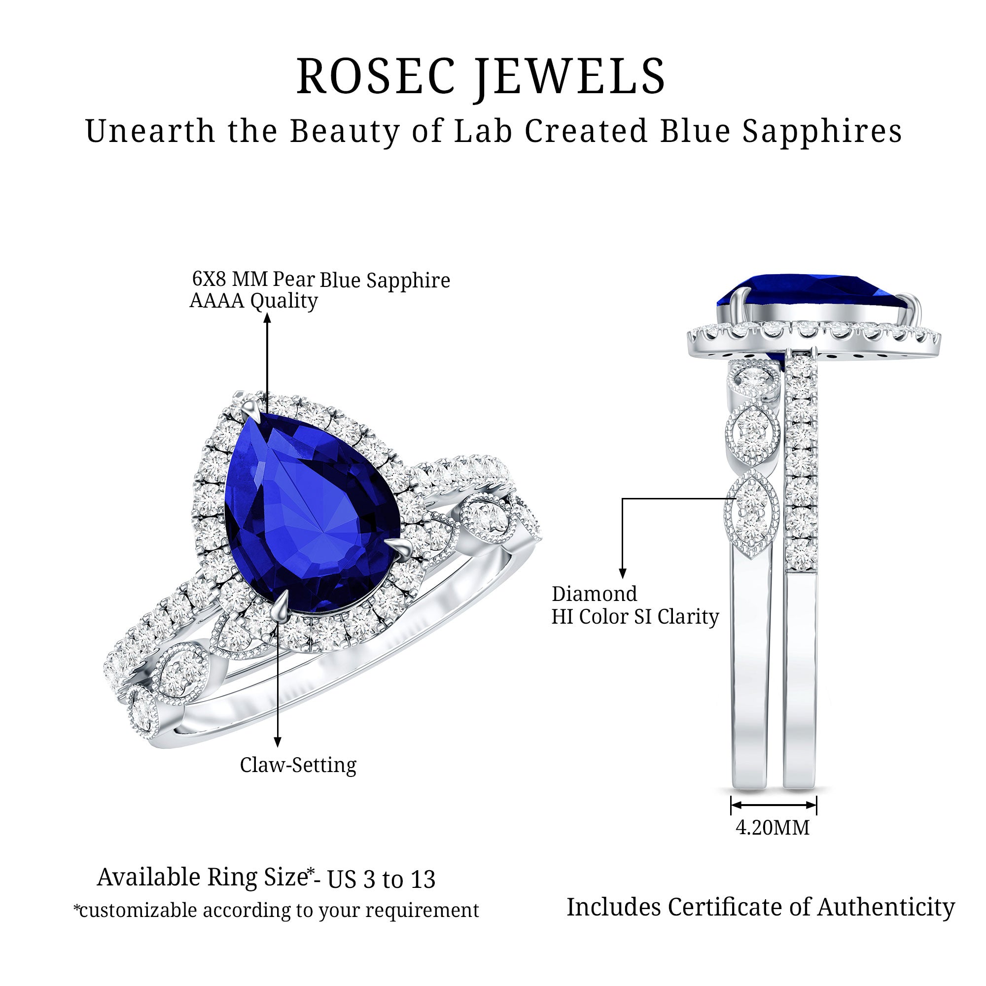 Certified 1.6 Carat Lab Grown Blue Sapphire Pear Shaped Engagement Ring Set with Diamond AAAA - Rosec Jewels