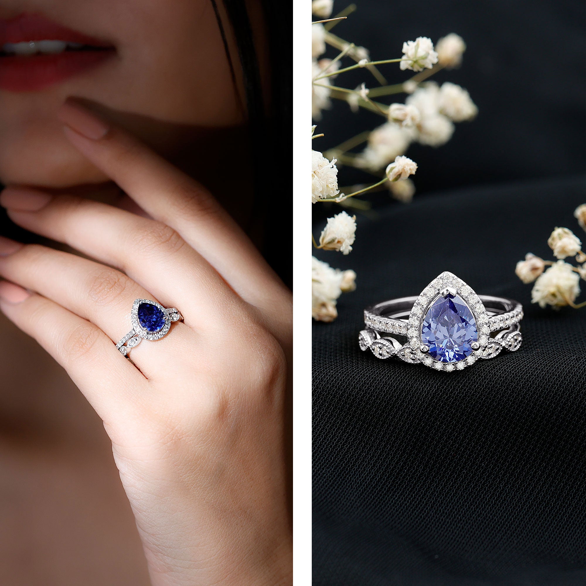 Certified 1.6 Carat Lab Grown Blue Sapphire Pear Shaped Engagement Ring Set with Diamond AAAA - Rosec Jewels