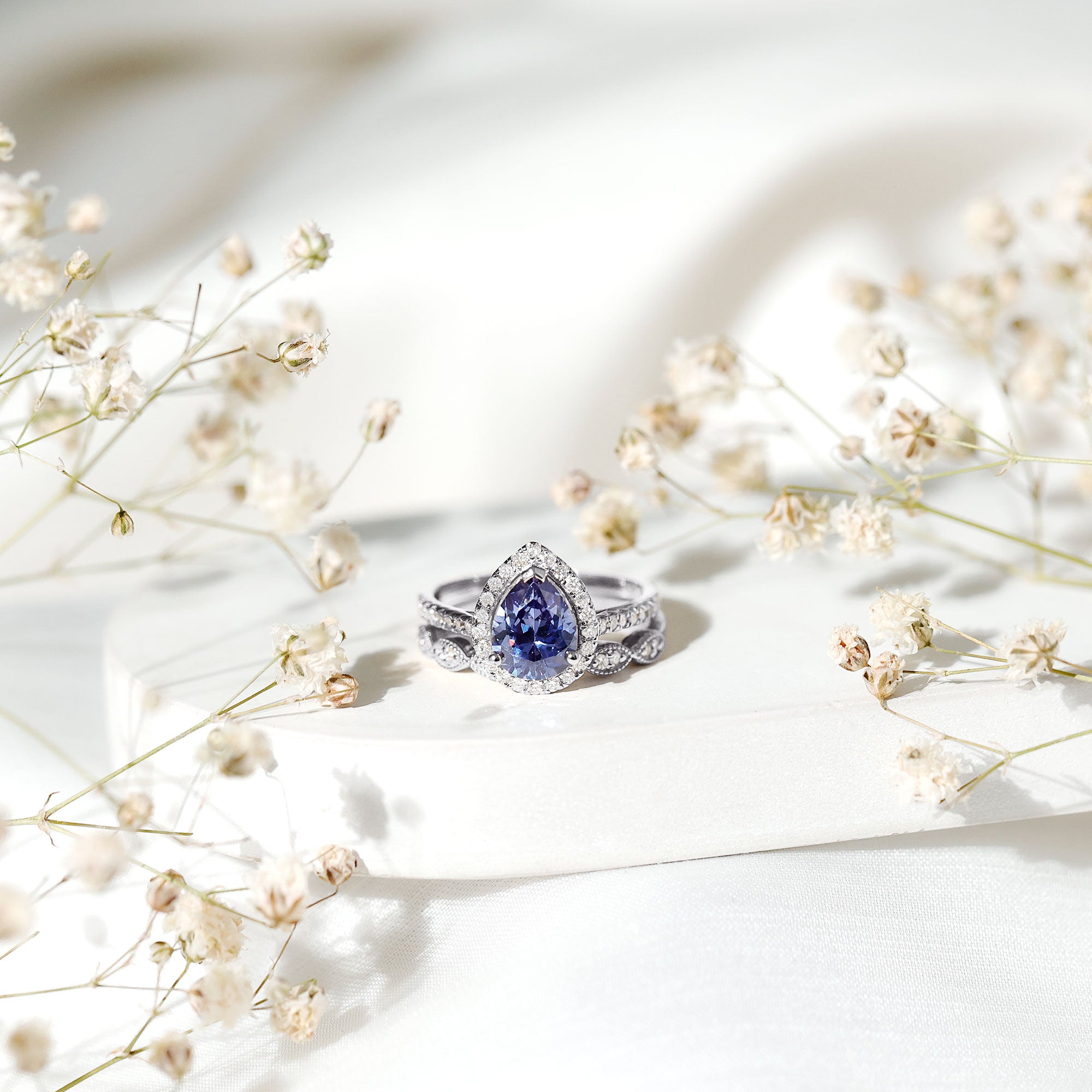 Certified 1.6 Carat Lab Grown Blue Sapphire Pear Shaped Engagement Ring Set with Diamond AAAA - Rosec Jewels