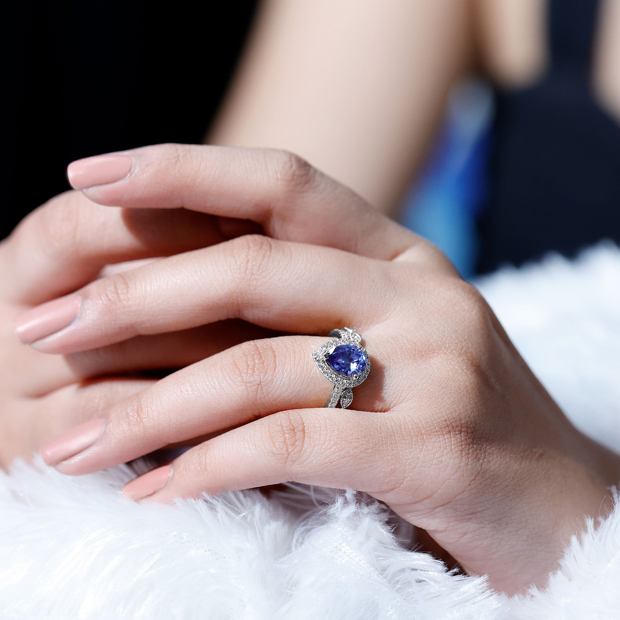 Certified 1.6 Carat Lab Grown Blue Sapphire Pear Shaped Engagement Ring Set with Diamond AAAA - Rosec Jewels