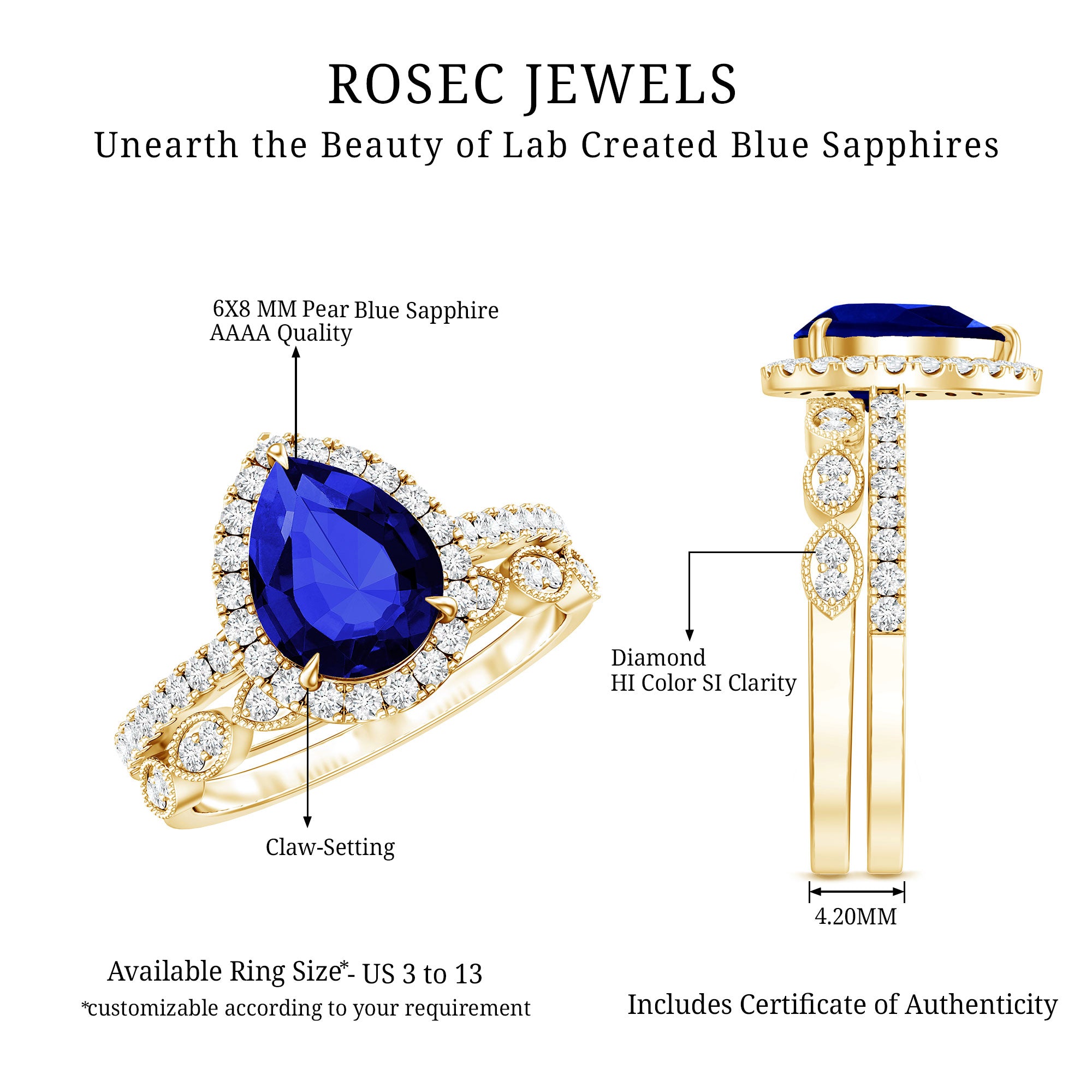 Certified 1.6 Carat Lab Grown Blue Sapphire Pear Shaped Engagement Ring Set with Diamond AAAA - Rosec Jewels