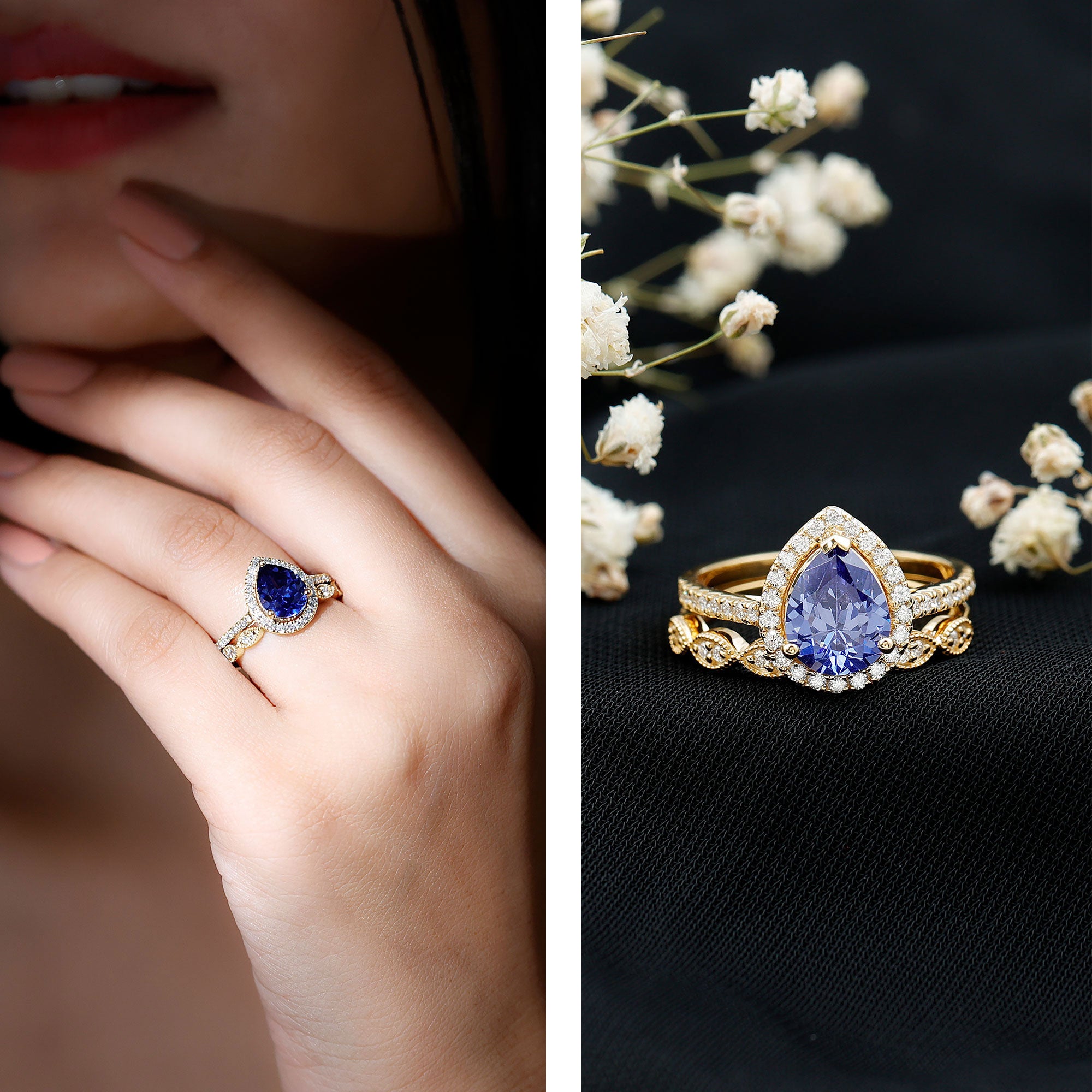 Certified 1.6 Carat Lab Grown Blue Sapphire Pear Shaped Engagement Ring Set with Diamond AAAA - Rosec Jewels