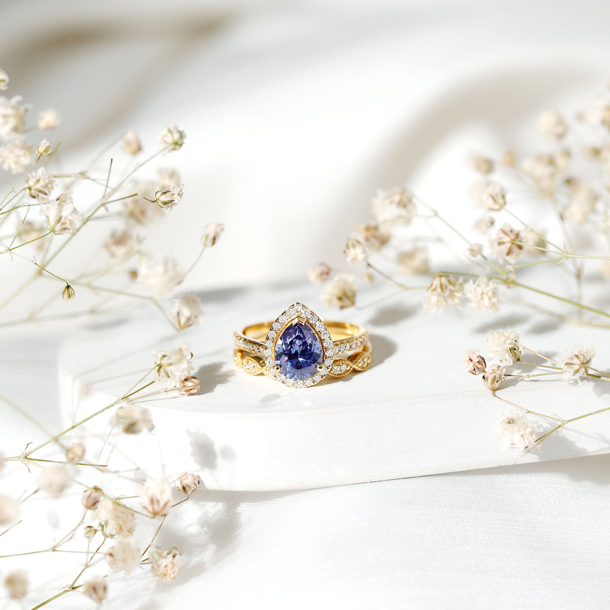 Certified 1.6 Carat Lab Grown Blue Sapphire Pear Shaped Engagement Ring Set with Diamond AAAA - Rosec Jewels