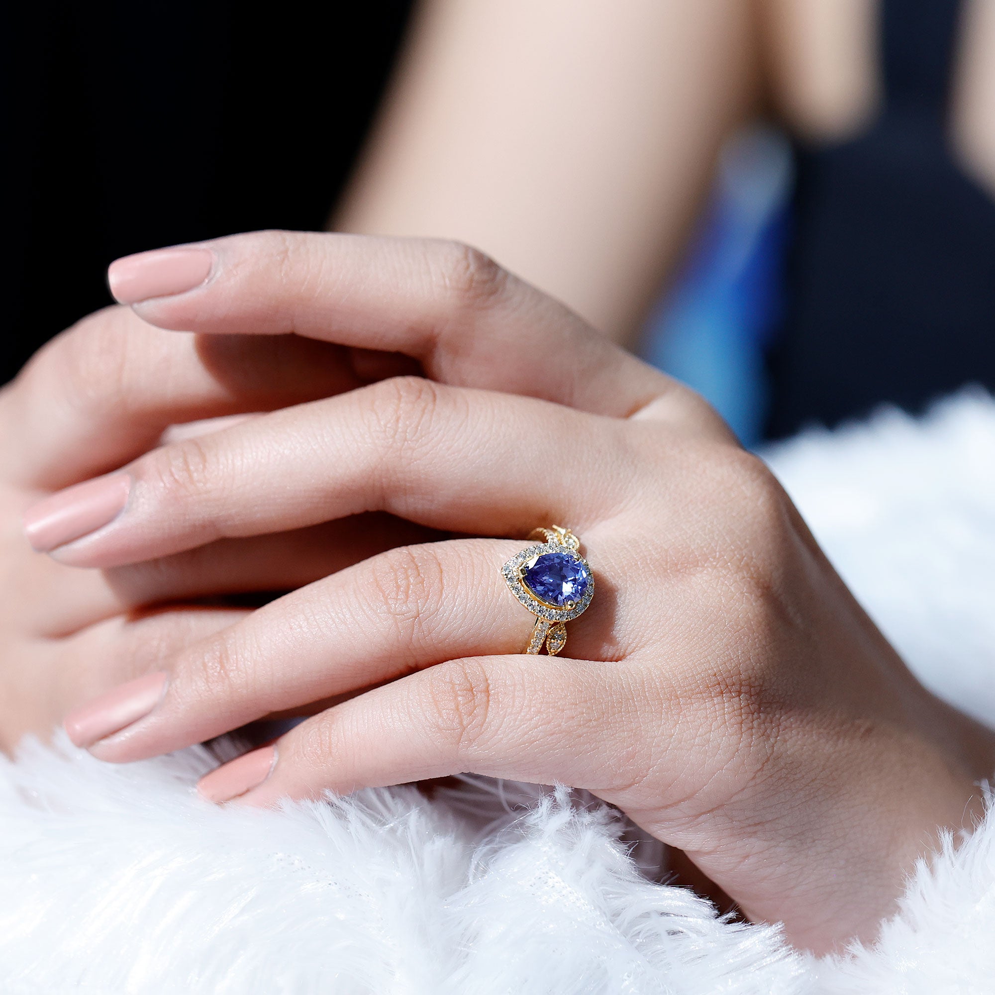 Certified 1.6 Carat Lab Grown Blue Sapphire Pear Shaped Engagement Ring Set with Diamond AAAA - Rosec Jewels
