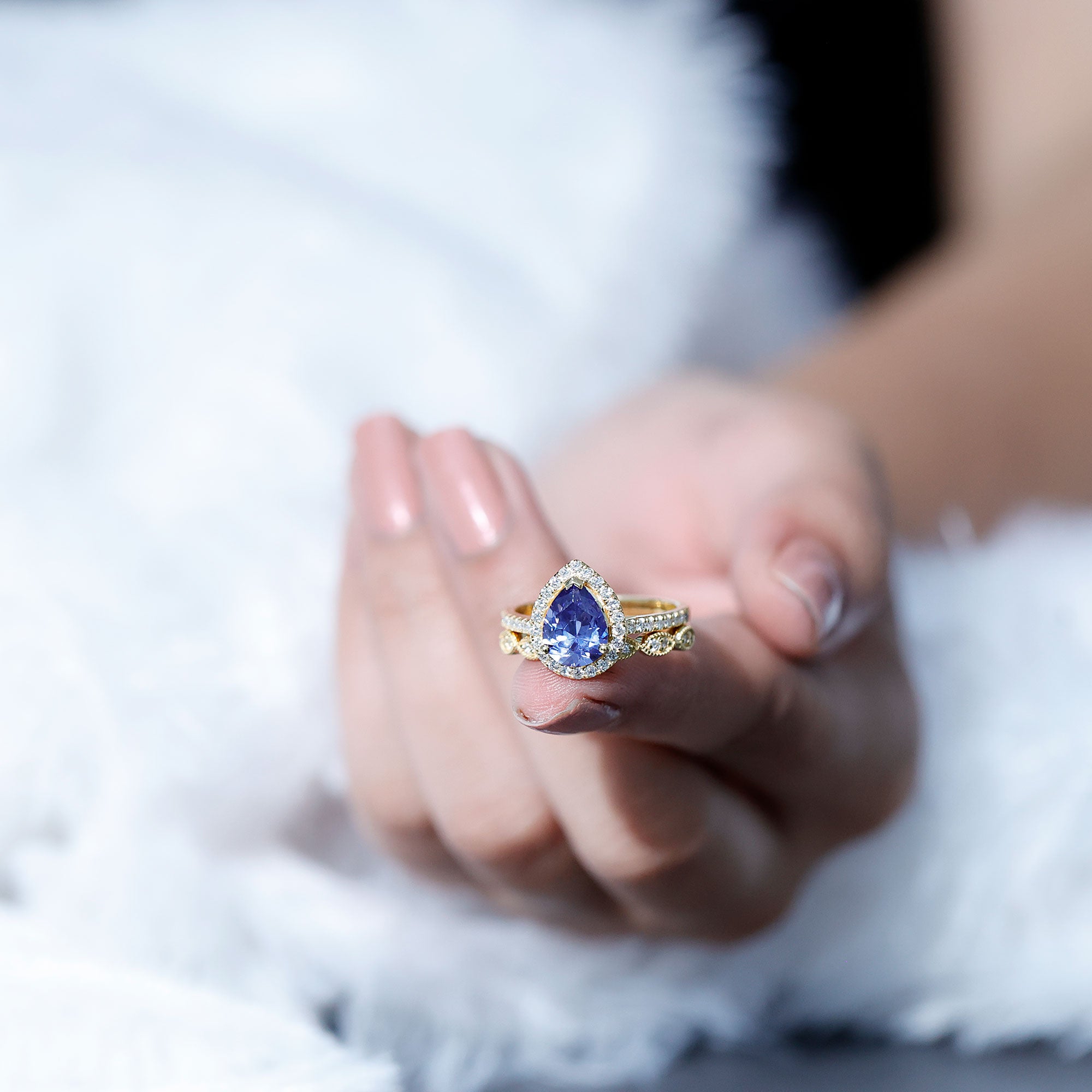 Certified 1.6 Carat Lab Grown Blue Sapphire Pear Shaped Engagement Ring Set with Diamond AAAA - Rosec Jewels