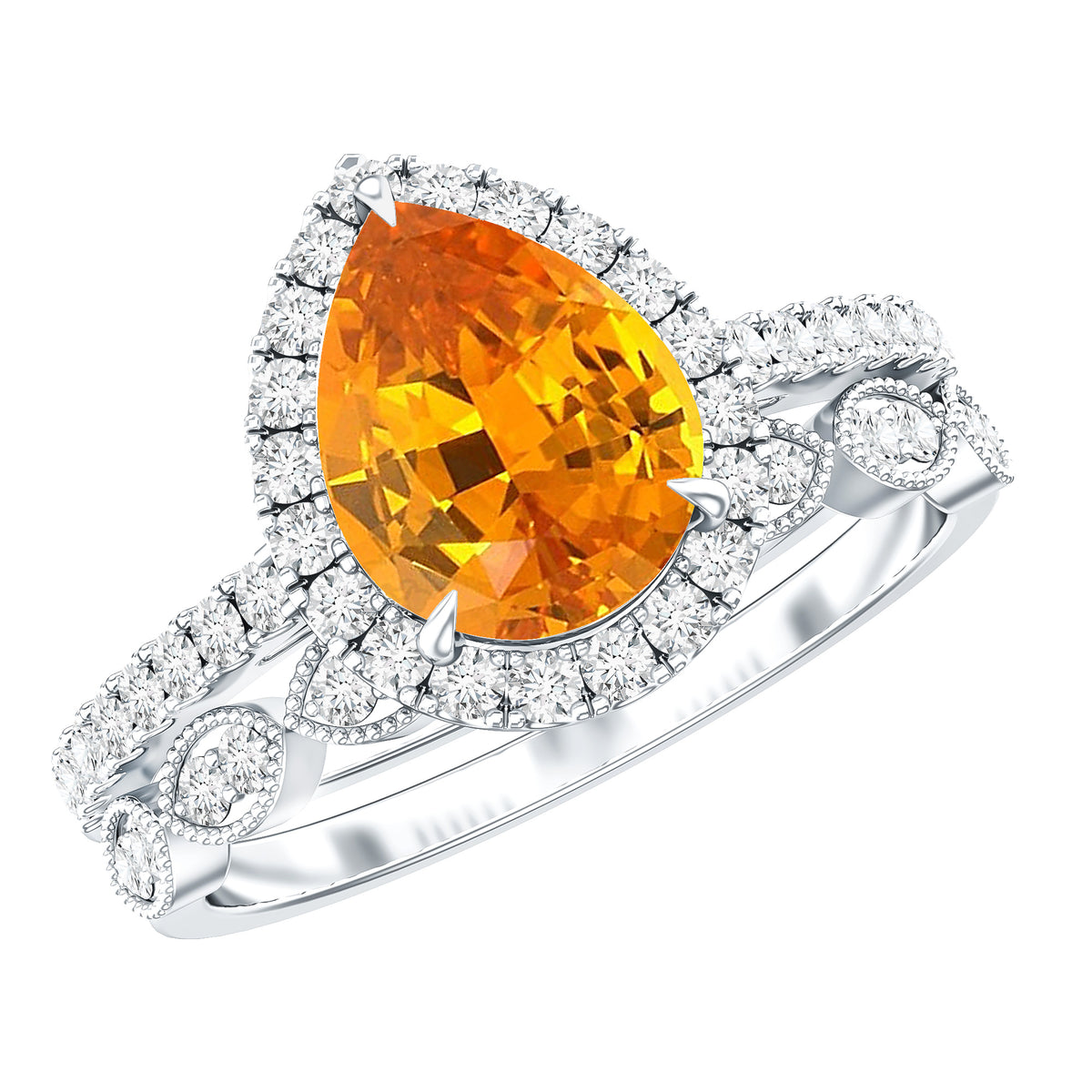 3.3 Carat Pear Shaped Lab Grown Orange Sapphire Wedding Ring Set with Diamond AAAA - Rosec Jewels
