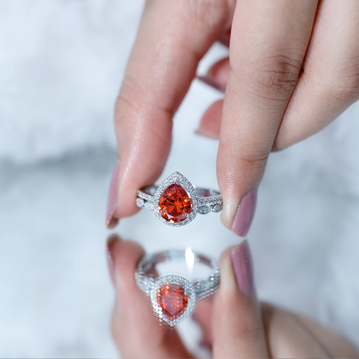 3.3 Carat Pear Shaped Lab Grown Orange Sapphire Wedding Ring Set with Diamond AAAA - Rosec Jewels