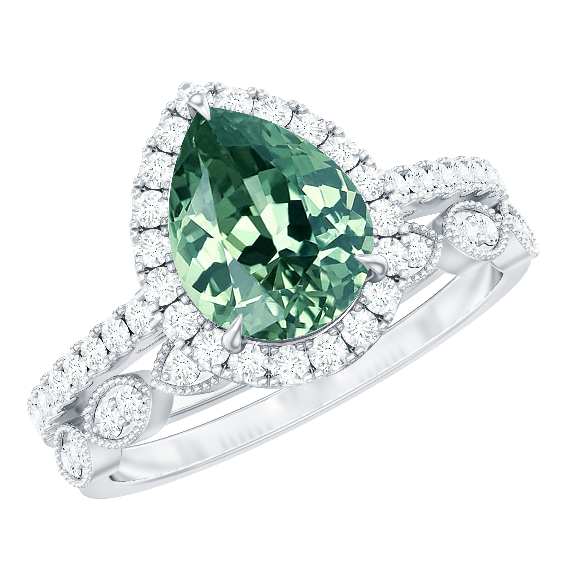Lab Grown Green Sapphire Teardrop Engagement Ring Set