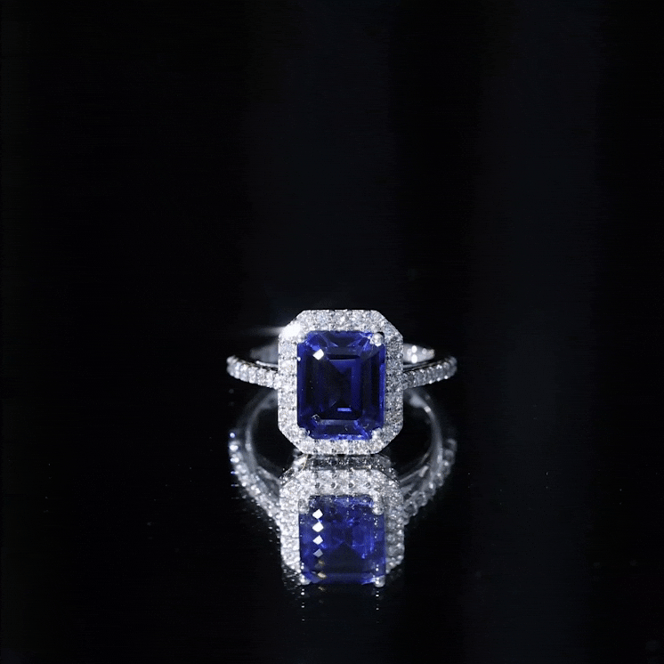 Certified 2.75 Carat Lab Grown Blue Sapphire Emerald Cut Engagement Ring with Diamond Halo AAAA - Rosec Jewels