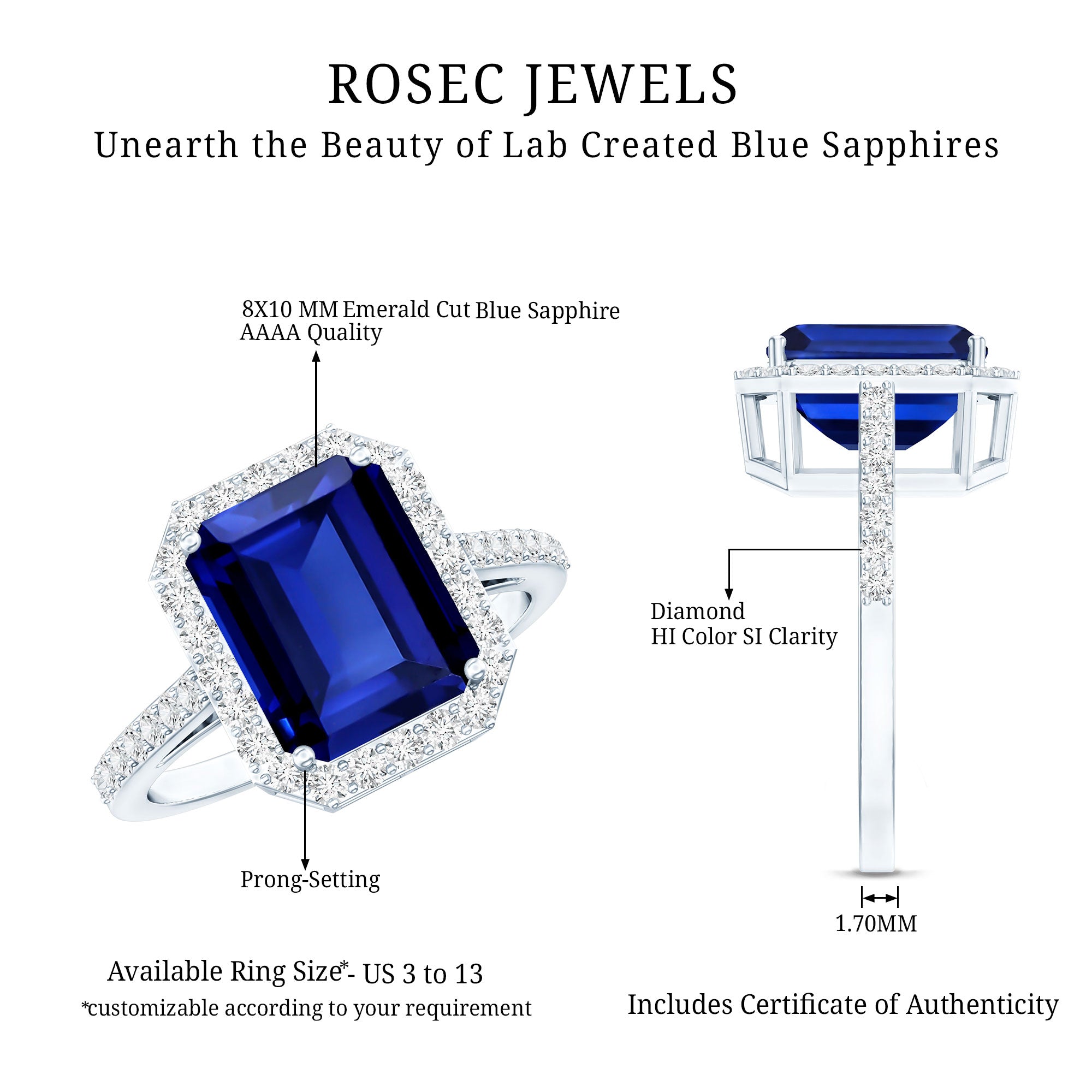 Certified 2.75 Carat Lab Grown Blue Sapphire Emerald Cut Engagement Ring with Diamond Halo AAAA - Rosec Jewels
