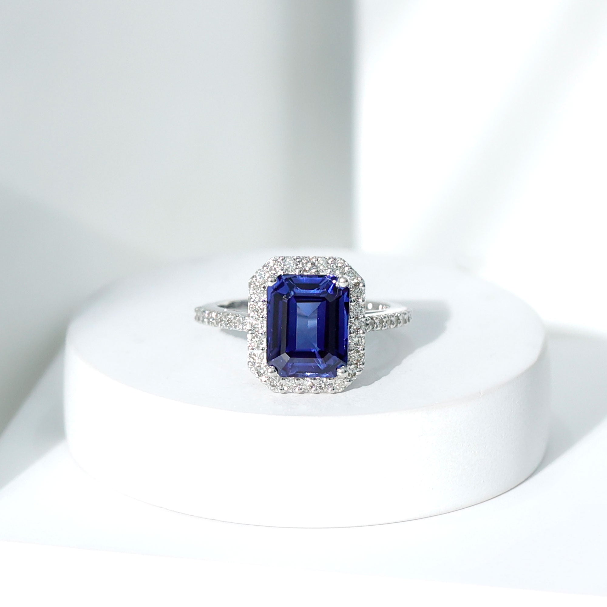 Certified 2.75 Carat Lab Grown Blue Sapphire Emerald Cut Engagement Ring with Diamond Halo AAAA - Rosec Jewels