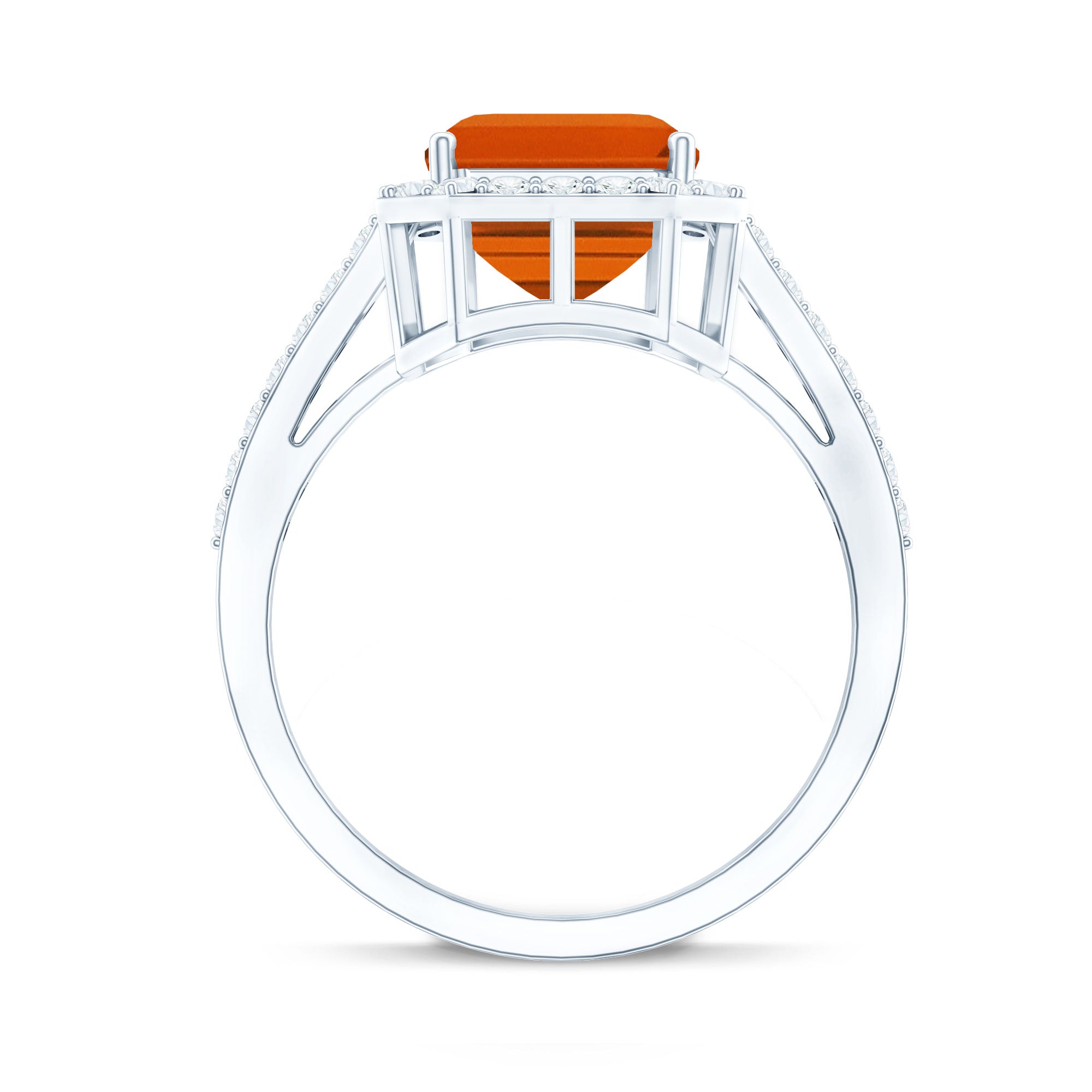 2.75 Carat Lab Grown Orange Sapphire Emerald Cut Engagement Ring with Diamond Halo AAAA - Rosec Jewels