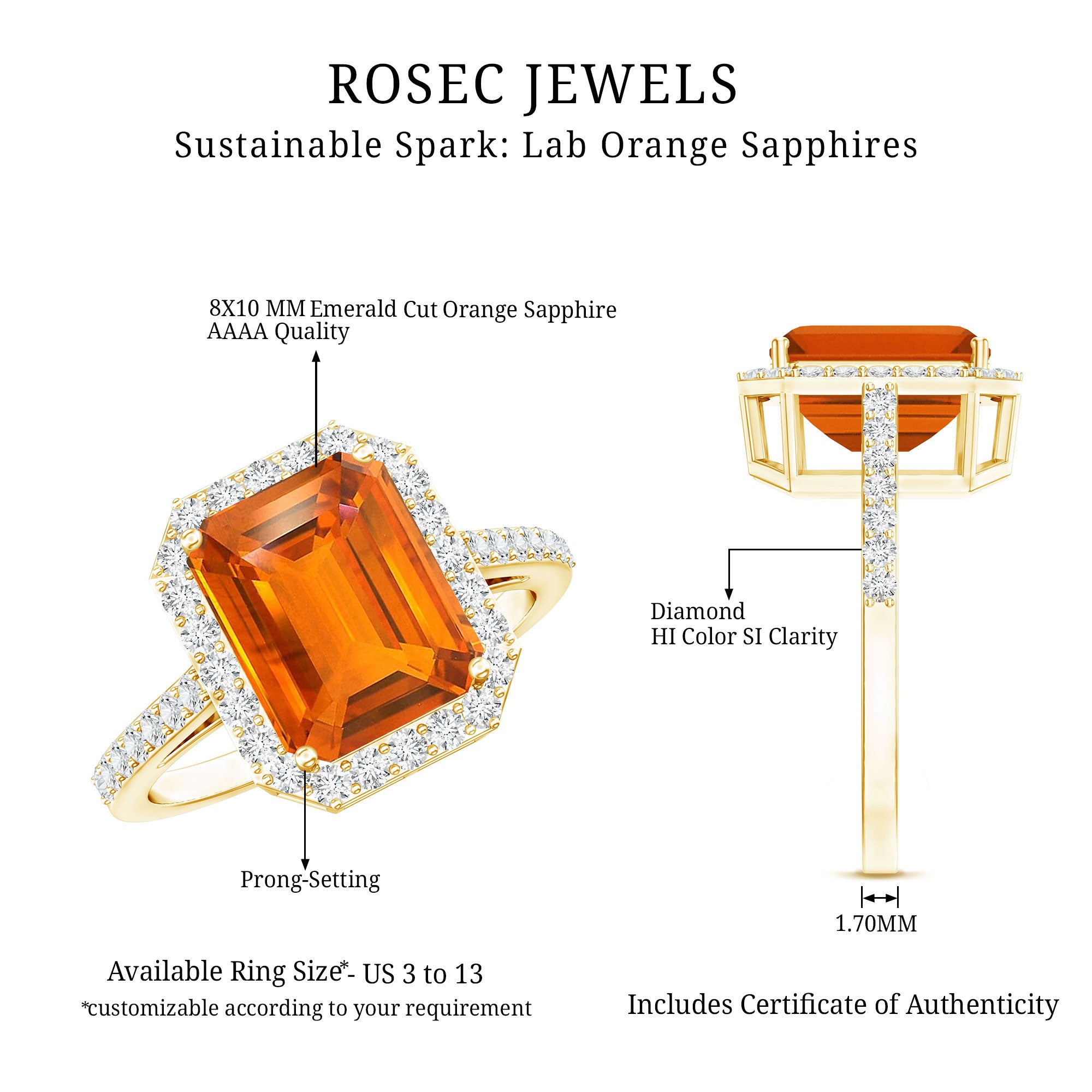 2.75 Carat Lab Grown Orange Sapphire Emerald Cut Engagement Ring with Diamond Halo AAAA - Rosec Jewels