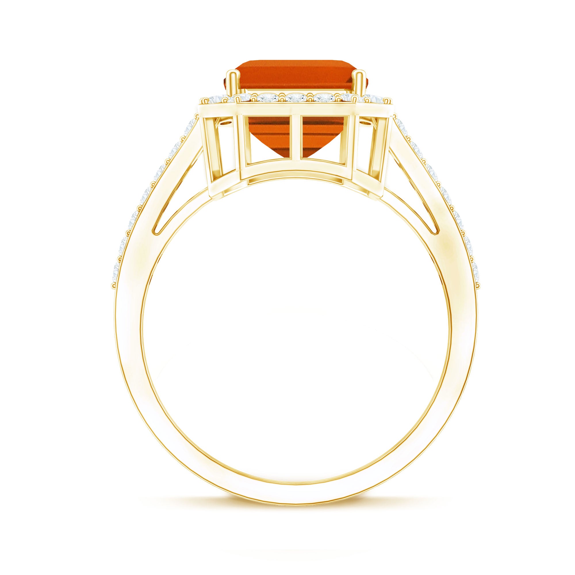 2.75 Carat Lab Grown Orange Sapphire Emerald Cut Engagement Ring with Diamond Halo AAAA - Rosec Jewels