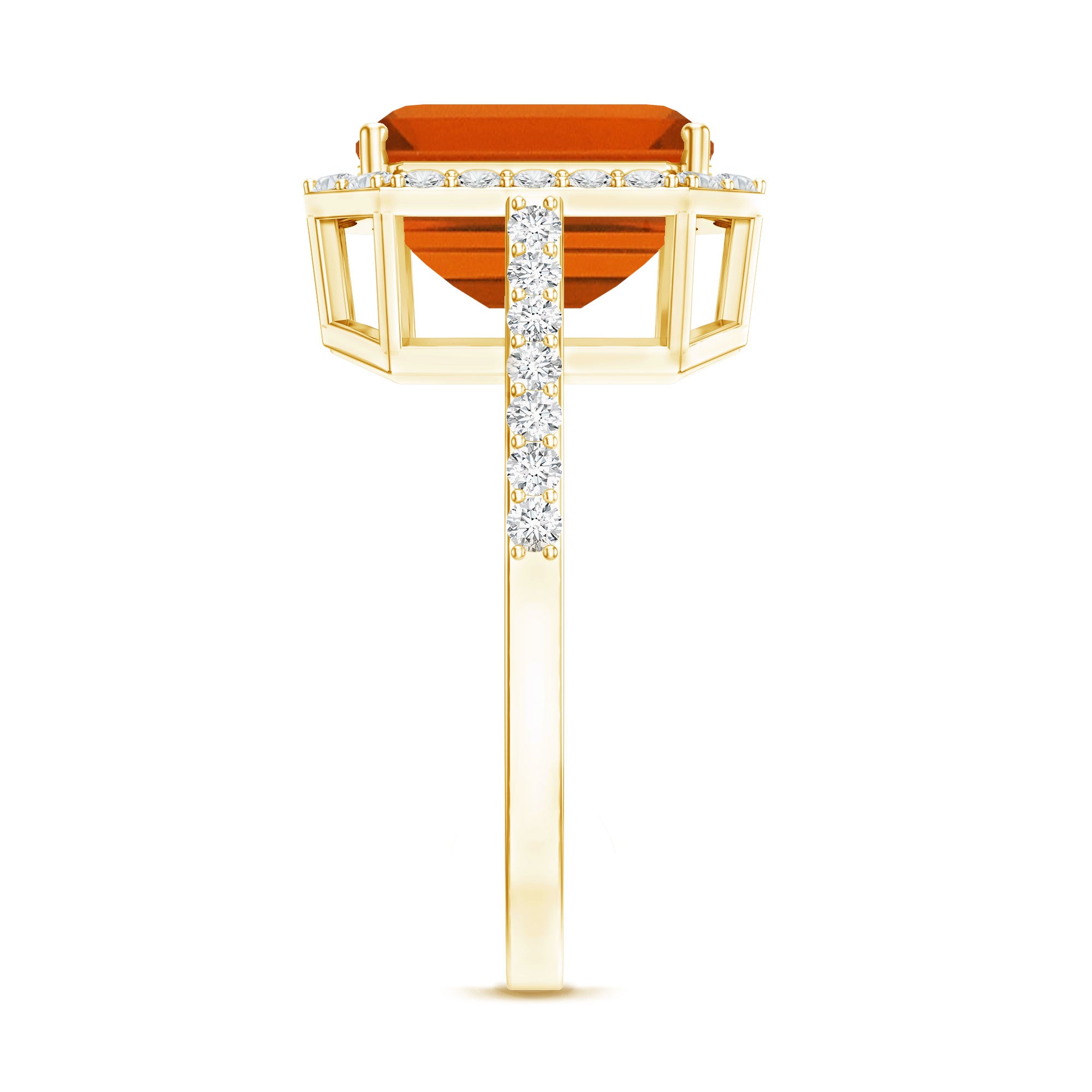 2.75 Carat Lab Grown Orange Sapphire Emerald Cut Engagement Ring with Diamond Halo AAAA - Rosec Jewels