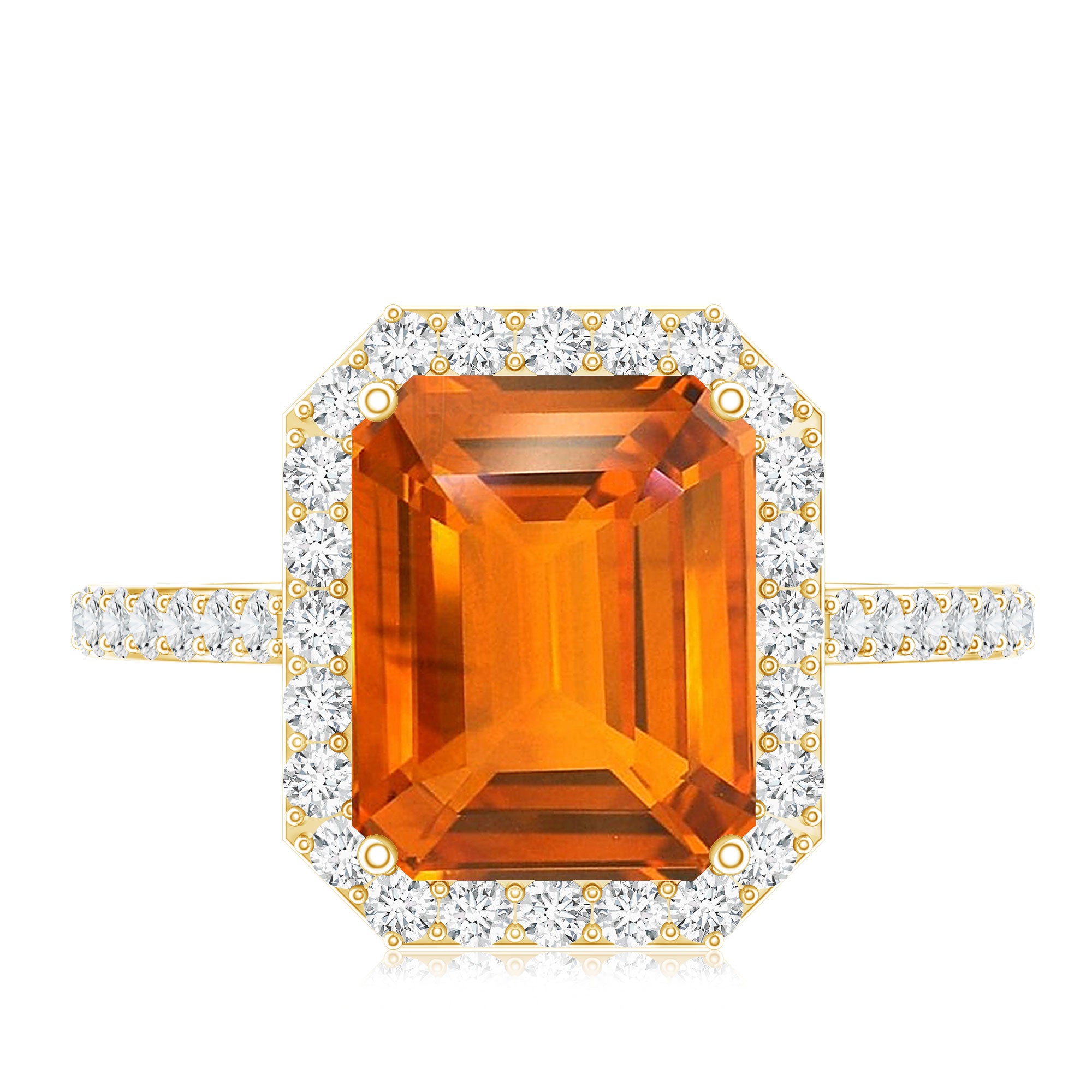 2.75 Carat Lab Grown Orange Sapphire Emerald Cut Engagement Ring with Diamond Halo AAAA - Rosec Jewels