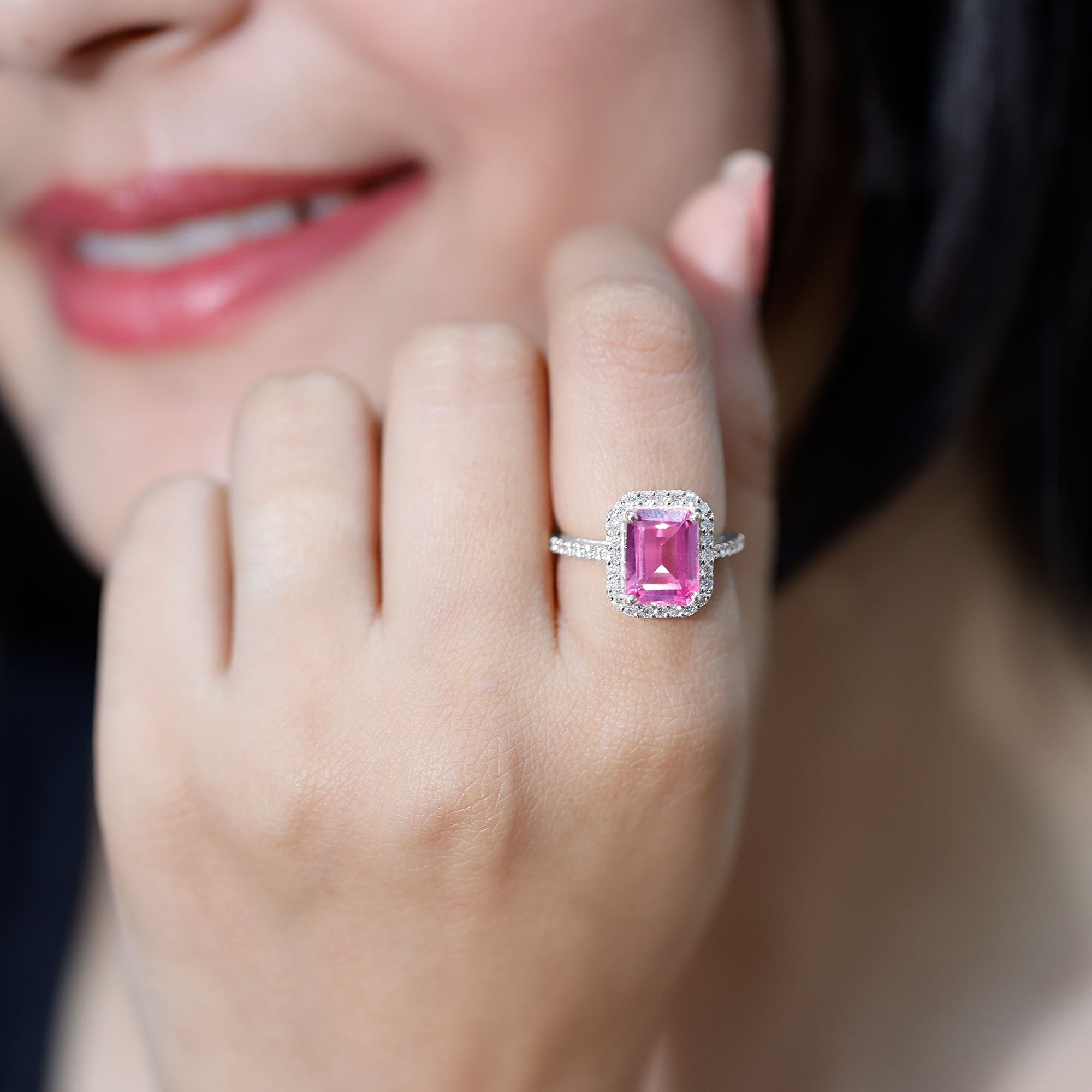 2.75 Carat Lab Grown Pink Sapphire Emerald Cut Engagement Ring with Diamond AAAA - Rosec Jewels