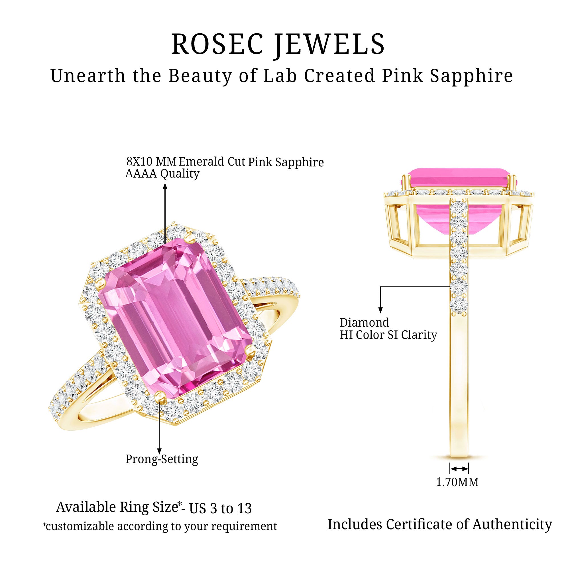 2.75 Carat Lab Grown Pink Sapphire Emerald Cut Engagement Ring with Diamond AAAA - Rosec Jewels